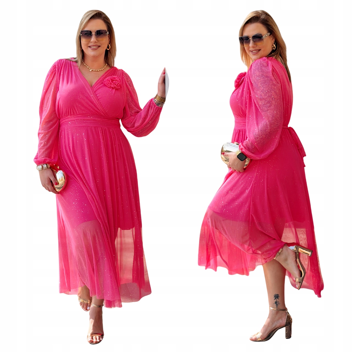 Šaty Maxi Velké velikosti Plus Size Dámská Cavaricci Brokat Fuchsiová