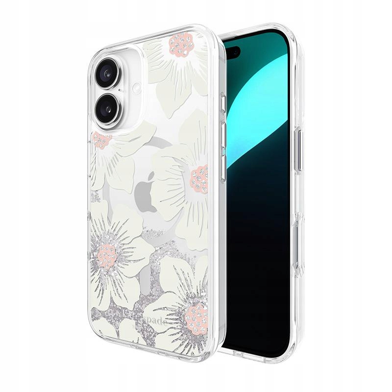 Pouzdro Kate Spade Liquid Glitter MagSafe pro iPhone 16 s květinovým vzorem a motivem topolovky