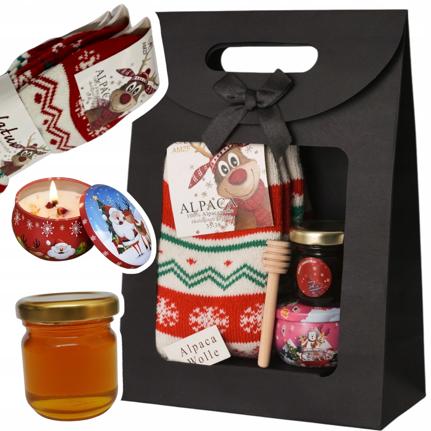 Dárková sada na Vánoce pod stromečkem Med ponožky vlněná svíčka sója