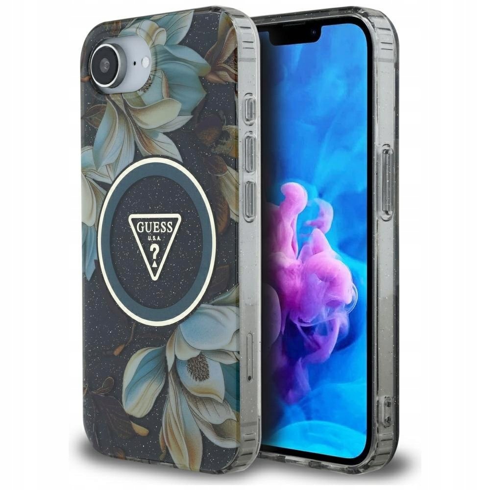 Pouzdro Guess IML Metal Glitter Flowers Triangle MagSafe pro iPhone 16e 17e c