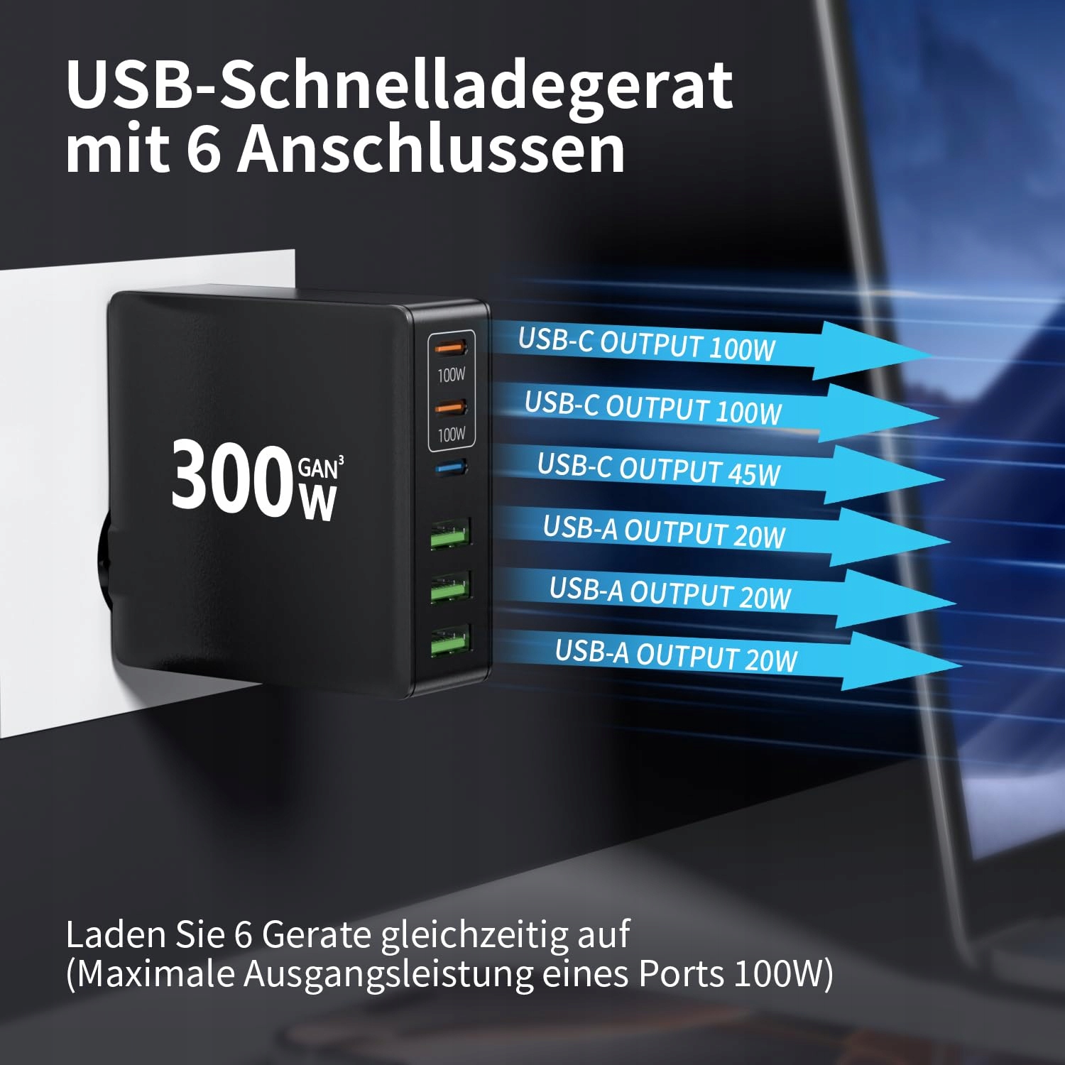 HSSNS Ładowarka USB-C 300W 6 Portów Szybkie Ładowanie GaN PD MacBook iPhone — miniatura 4