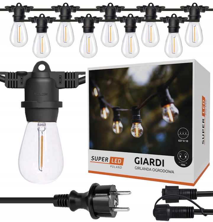 Venkovní zahradní girlanda Světelný řetěz 10 m 10x Led žárovka E27