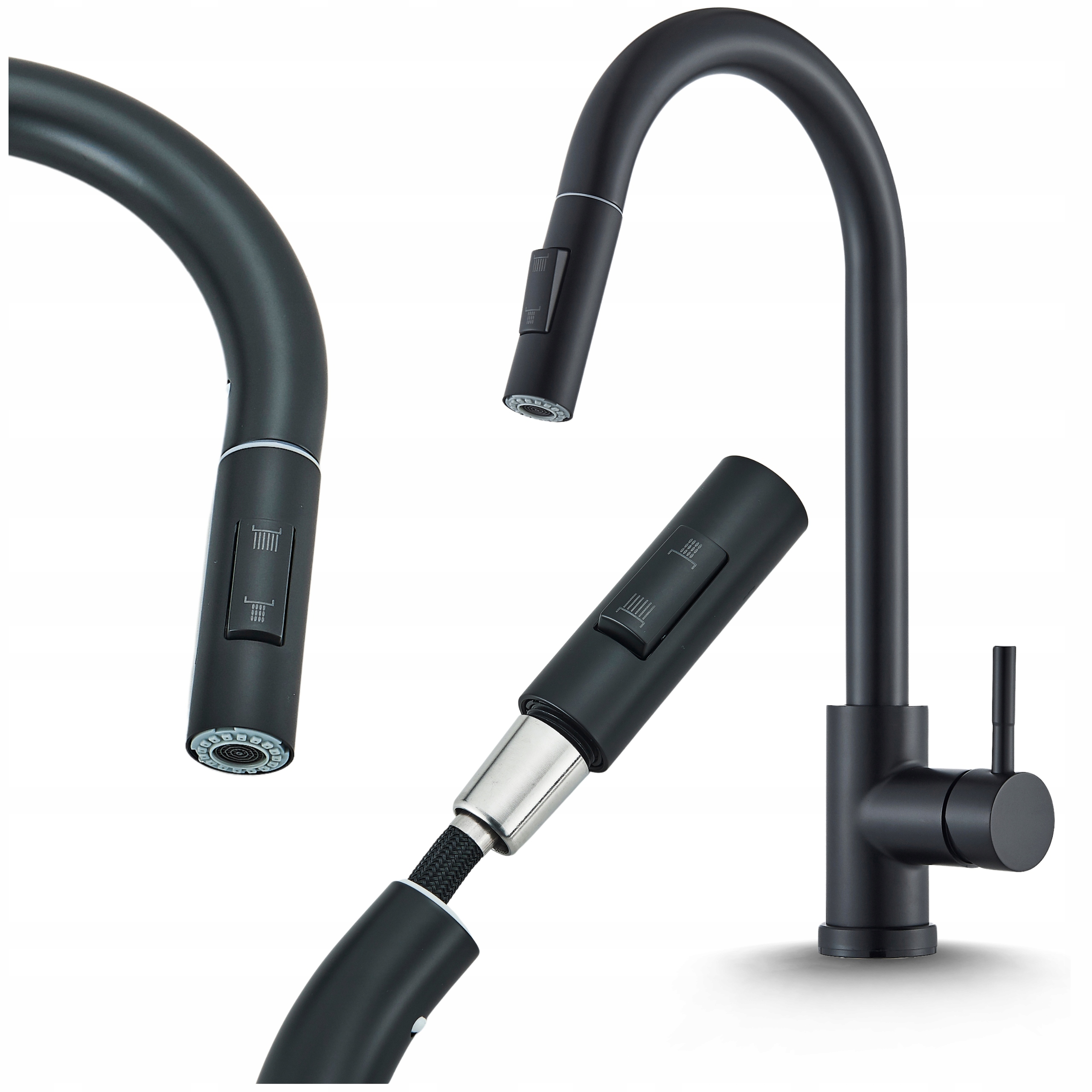 Kuchyňská Baterie s výsuvným odnímatelným výtokem Kohoutek do kuchyně Černá Matná