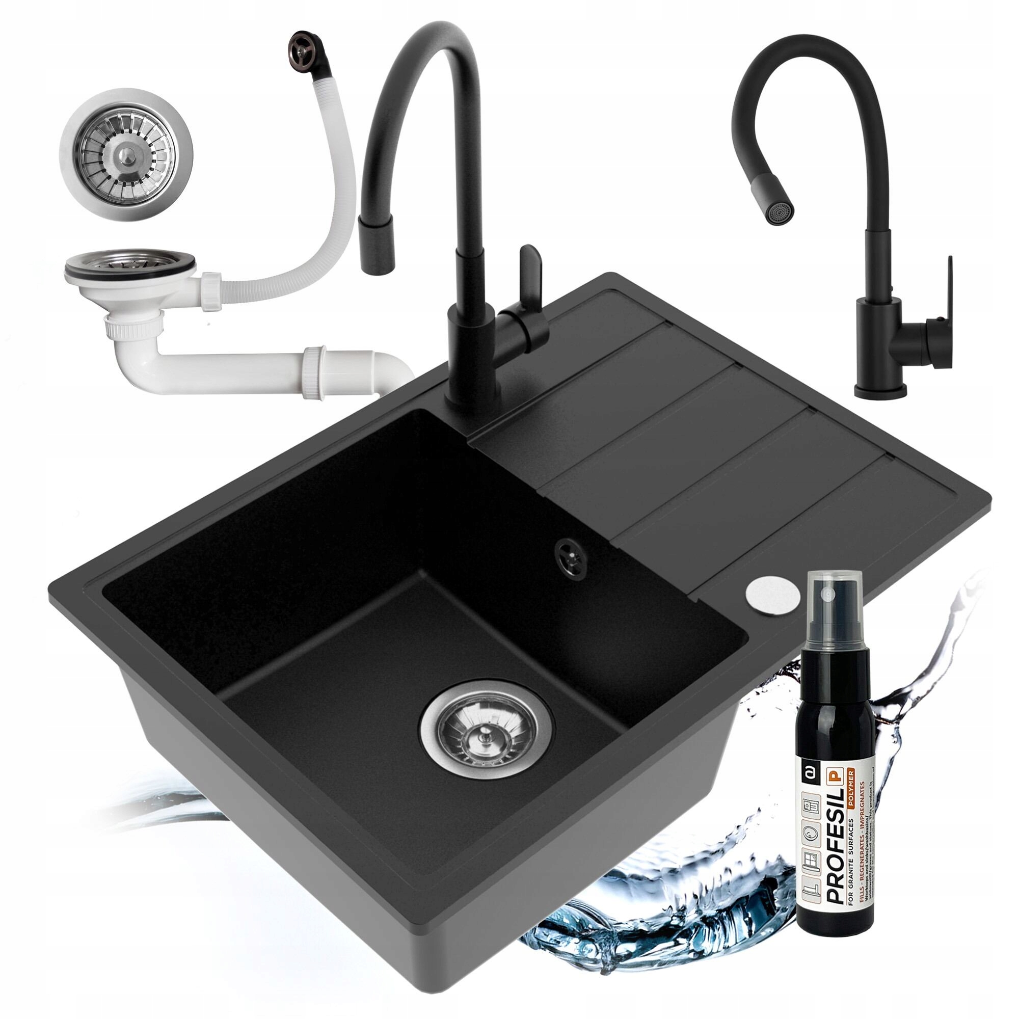 Drezový Kuchynský Drez Granitový Jednokomorový Batéria Flexibilný Sifón