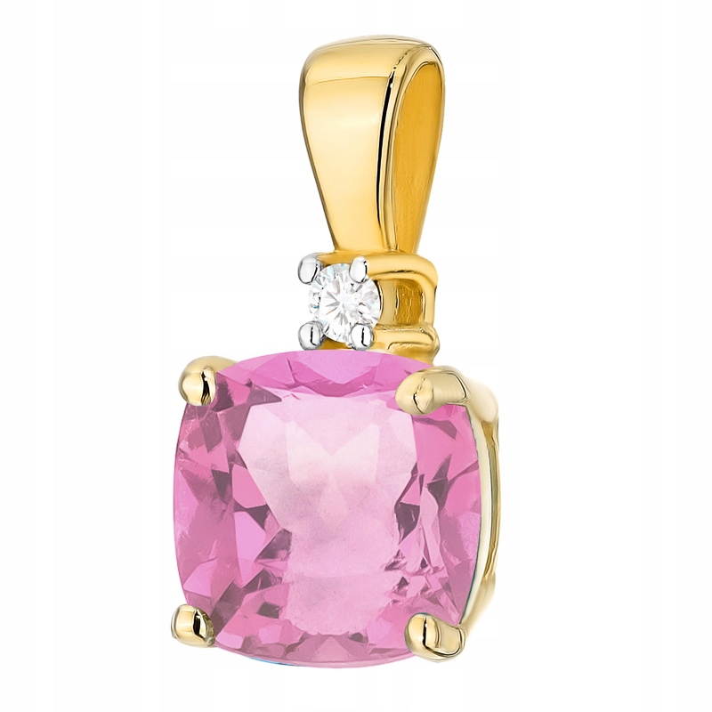 Zlatý Přívěsek Čtvercový Přívěsek 585 Růžový Topaz 1,10 ct a Briliant 14k