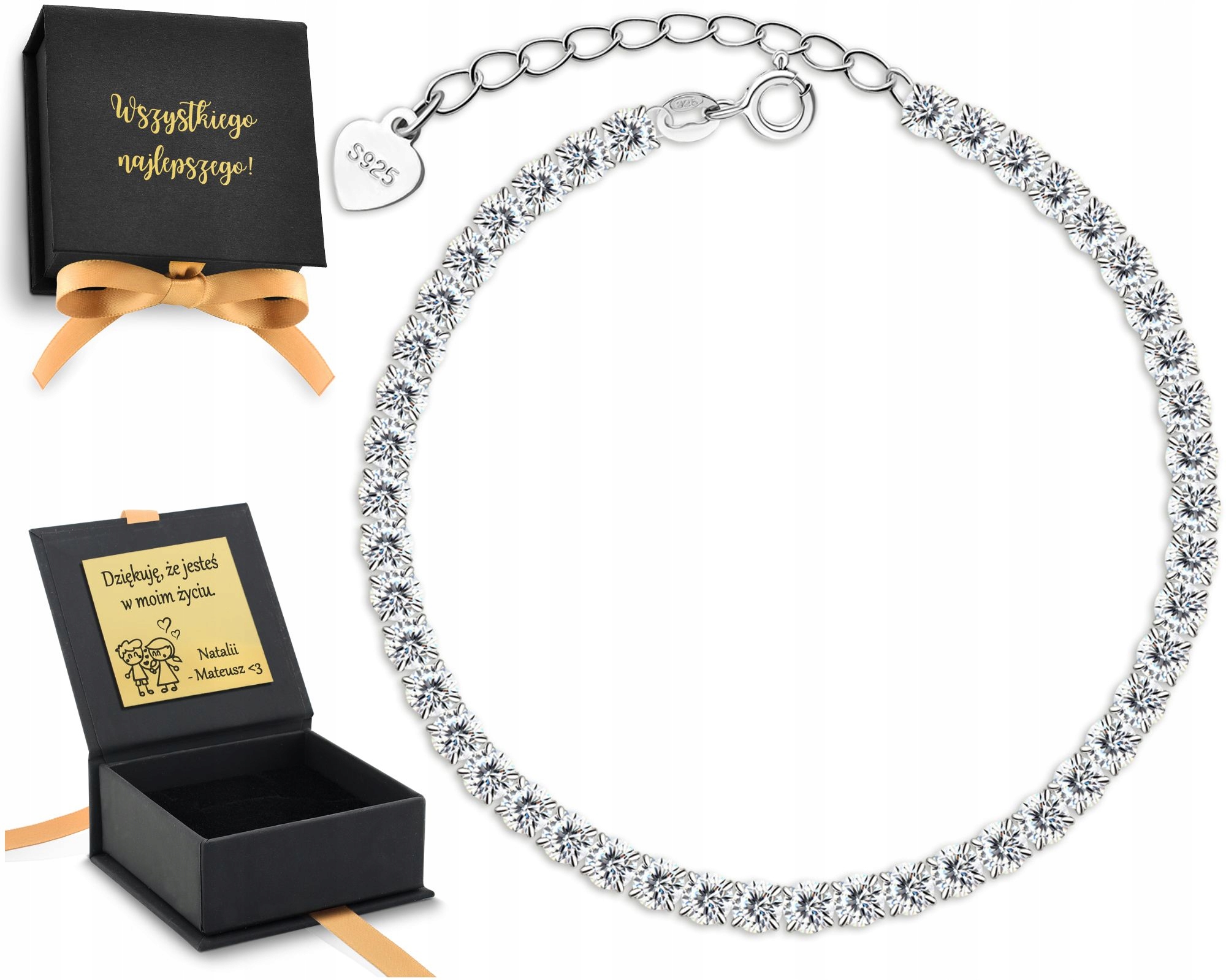 Stříbrný Tenisový Náramek Bílé Zirkony Střední Tloušťky 925 Gravírování