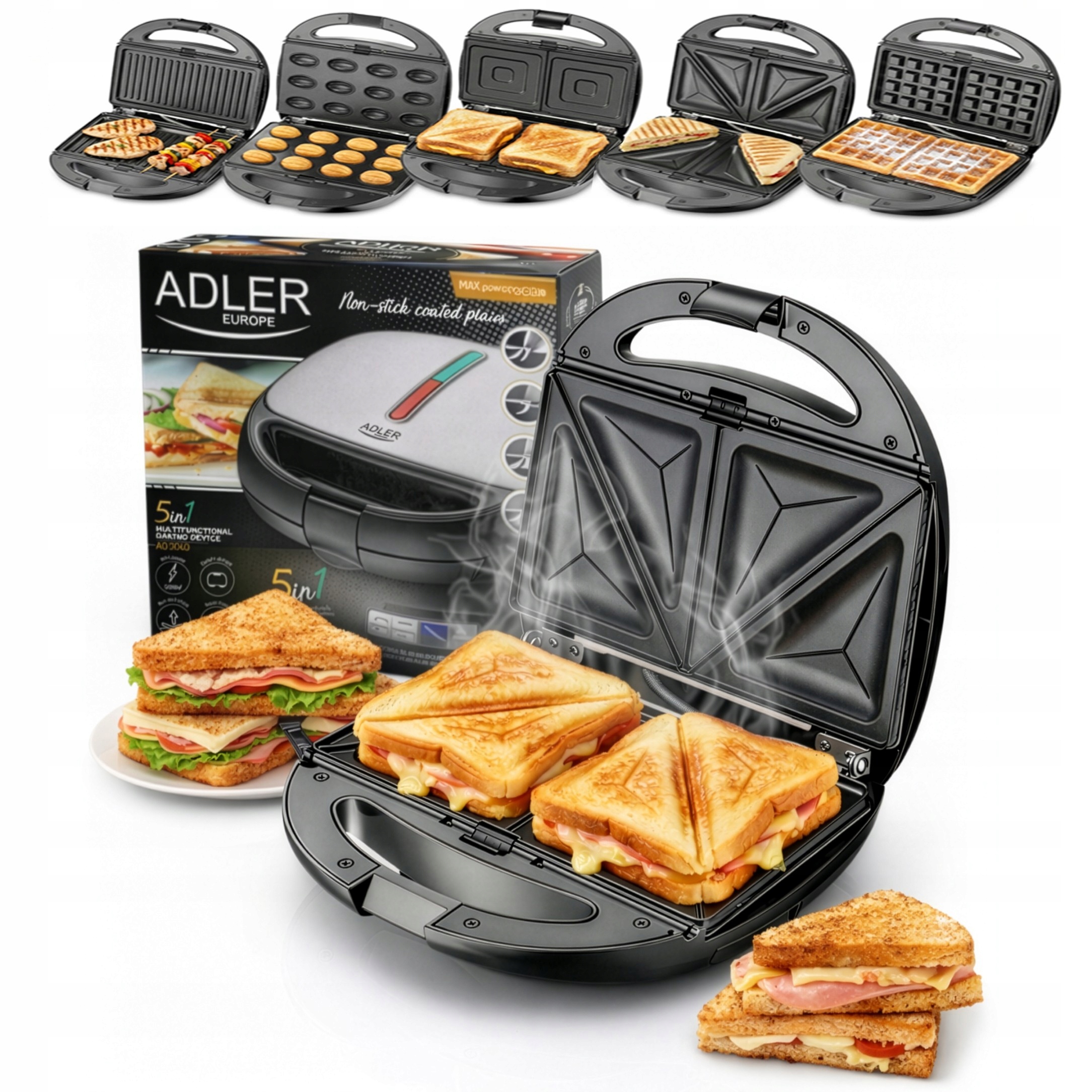Opiekacz do Kanapek Toster Grill Gofrownica Orzeszki 5w1 Adler 1200W AD3040