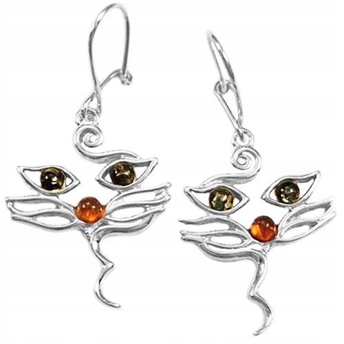 Stříbrné Náušnice Kočky s jantarem originální stříbro 925 Bižuterní Uzavřený