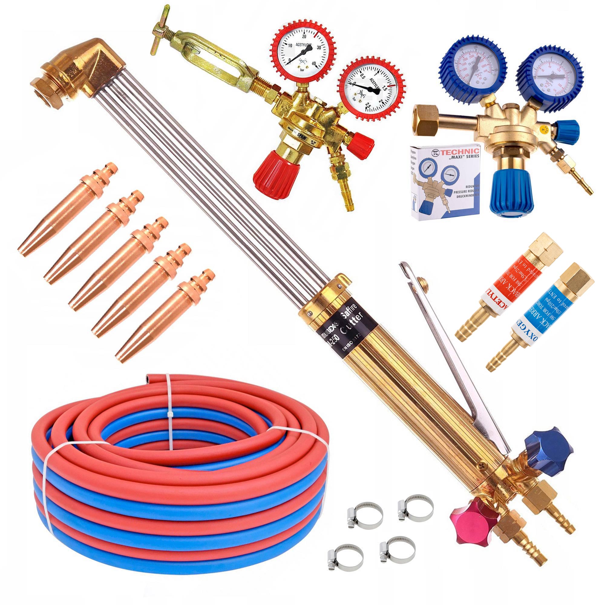 Hořák 50 cm pro řezání hadice 10 m 5 trysek reduktory pojistky acetylen kyslík