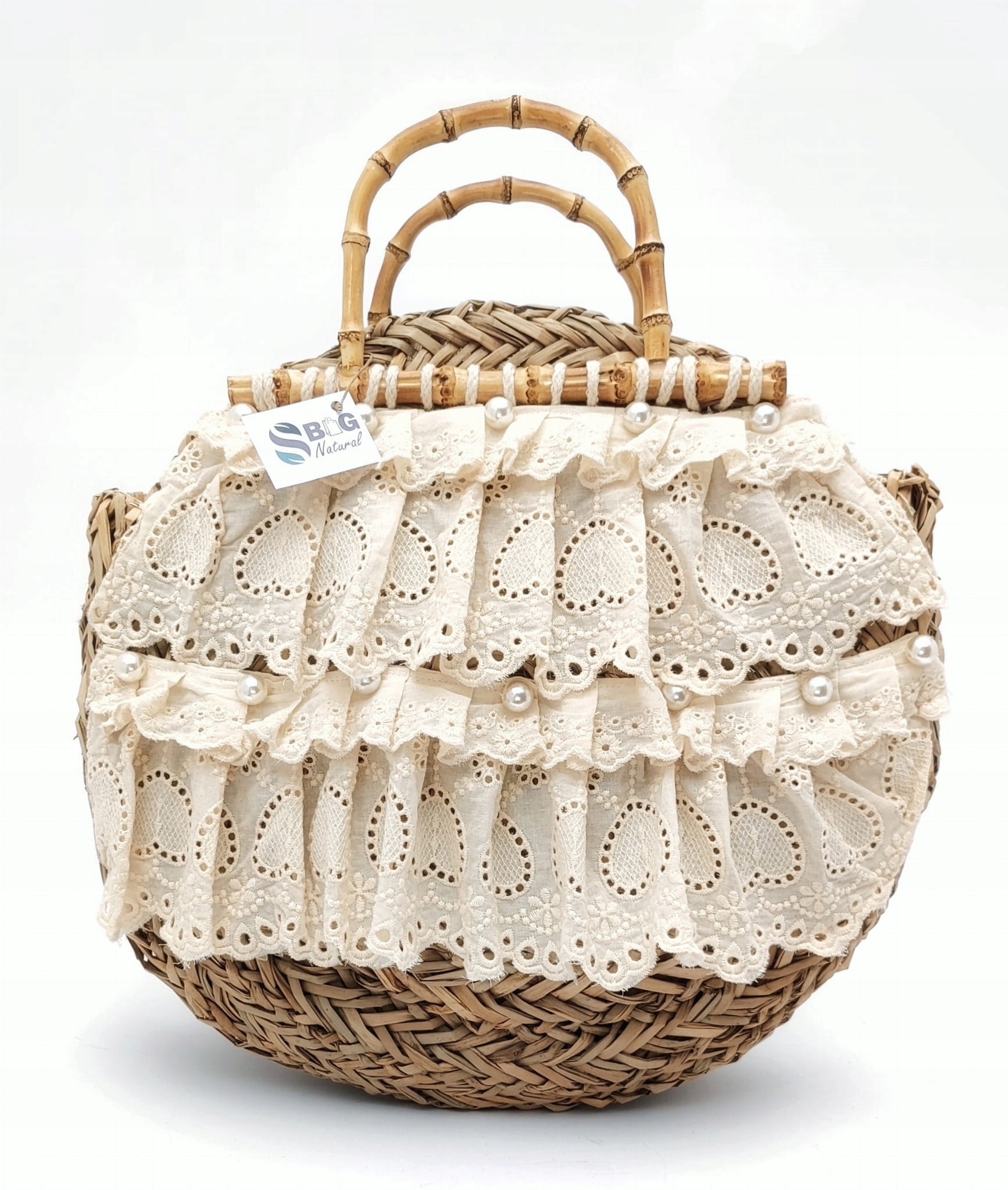 Pletená taška s košíkem 35 cm, boho volánky do ruky z mořské trávy