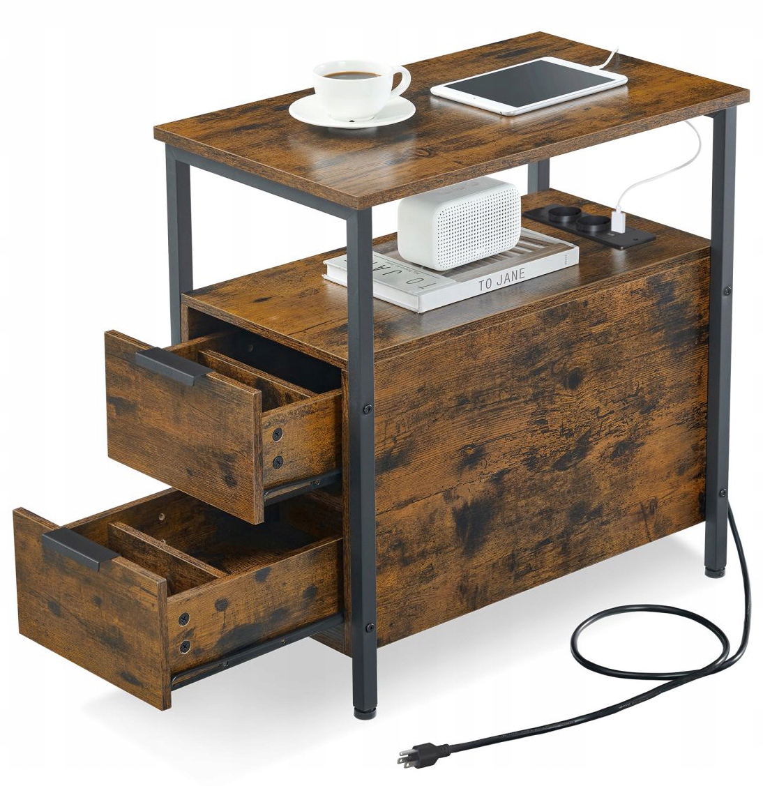 Rustikálny stolík nočná skrinka s praktickou napájacou lištou a 2 zásuvkami