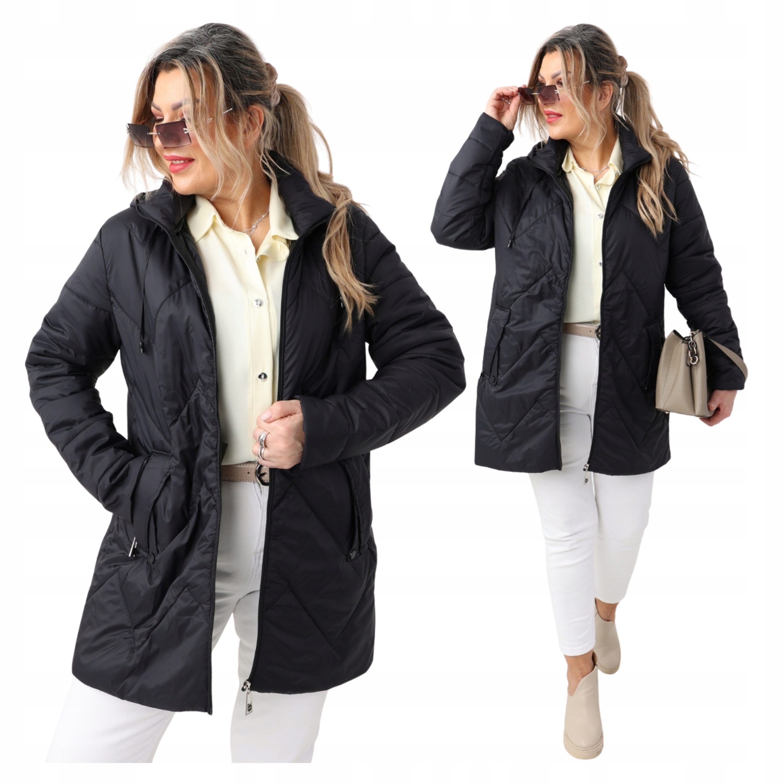 Kurtka Pikowana Damska Z Kapturem Lekka Przejściowa Duże Rozmiary Płaszczyk