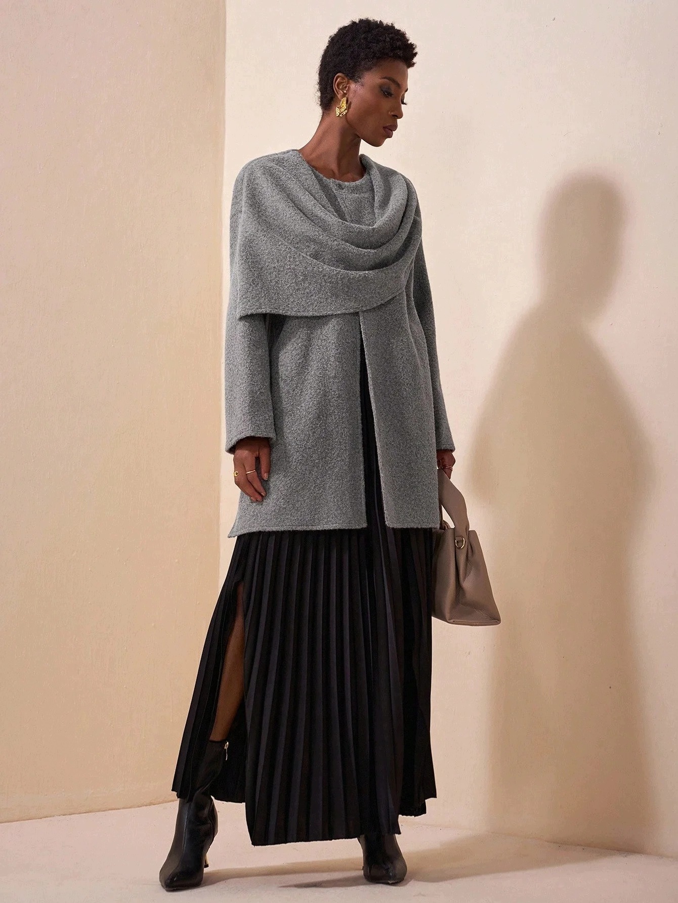Dámský Krátký Šedý Kabát S Šálou, Elegantní Shein, Velikost 38