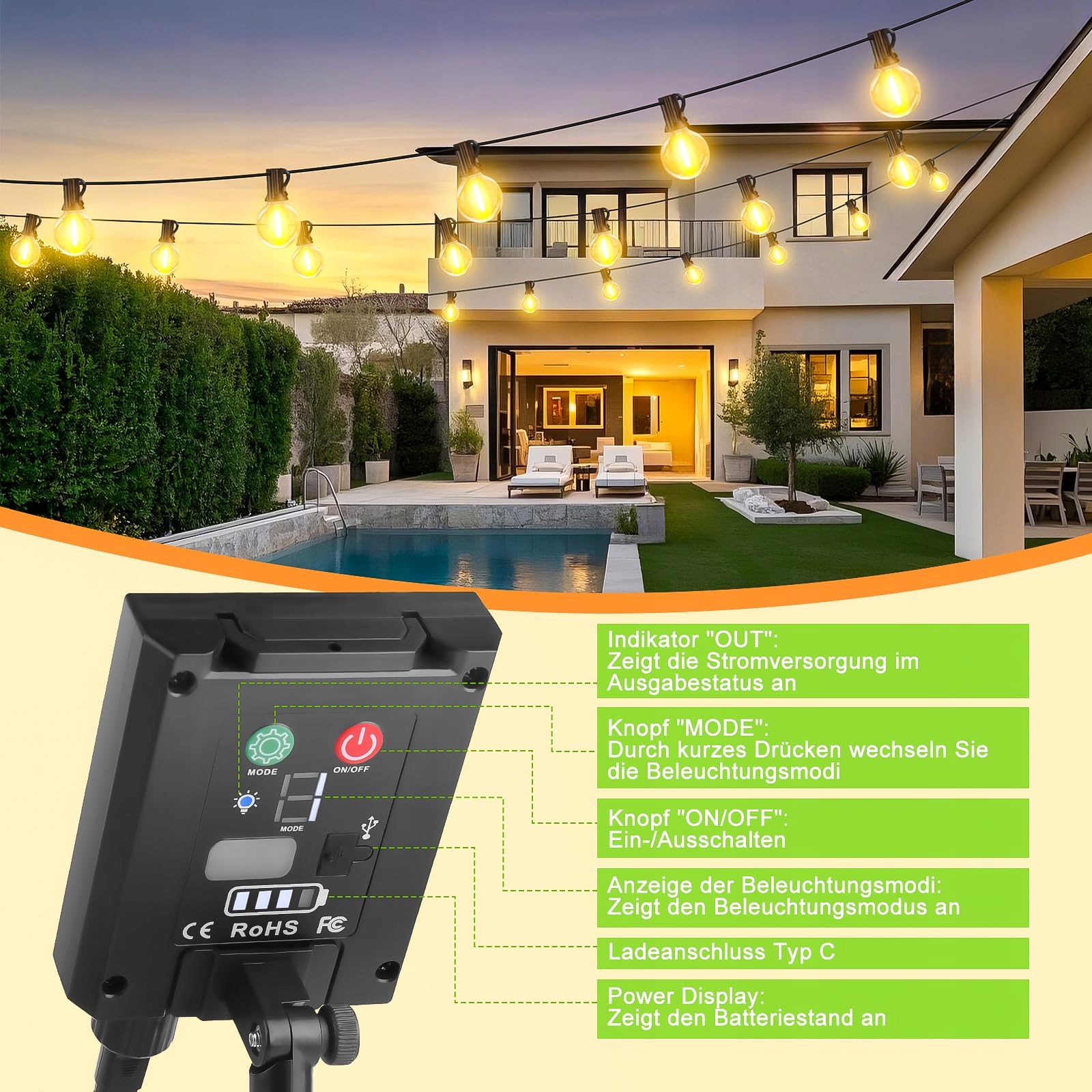 FGRYB Lampki Solarne Zewnętrzne 15M Wodoodporne LED 20+1 G40 Z Pilotem — miniatura 6