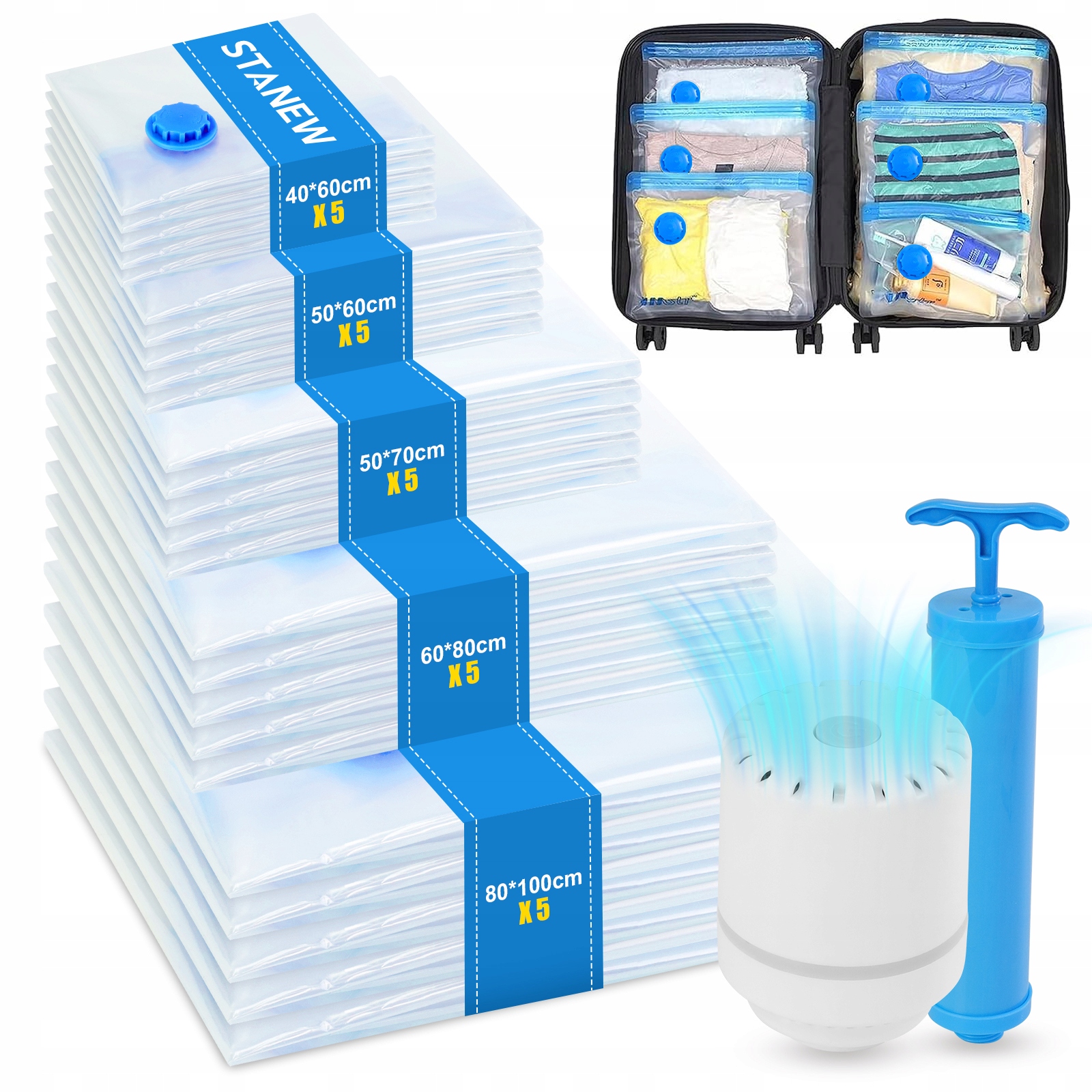 Vakuové Sáčky 25 Ks S 2 Pumpičkami Na Cestovní Prádlo A Oblečení 5 Velikostí