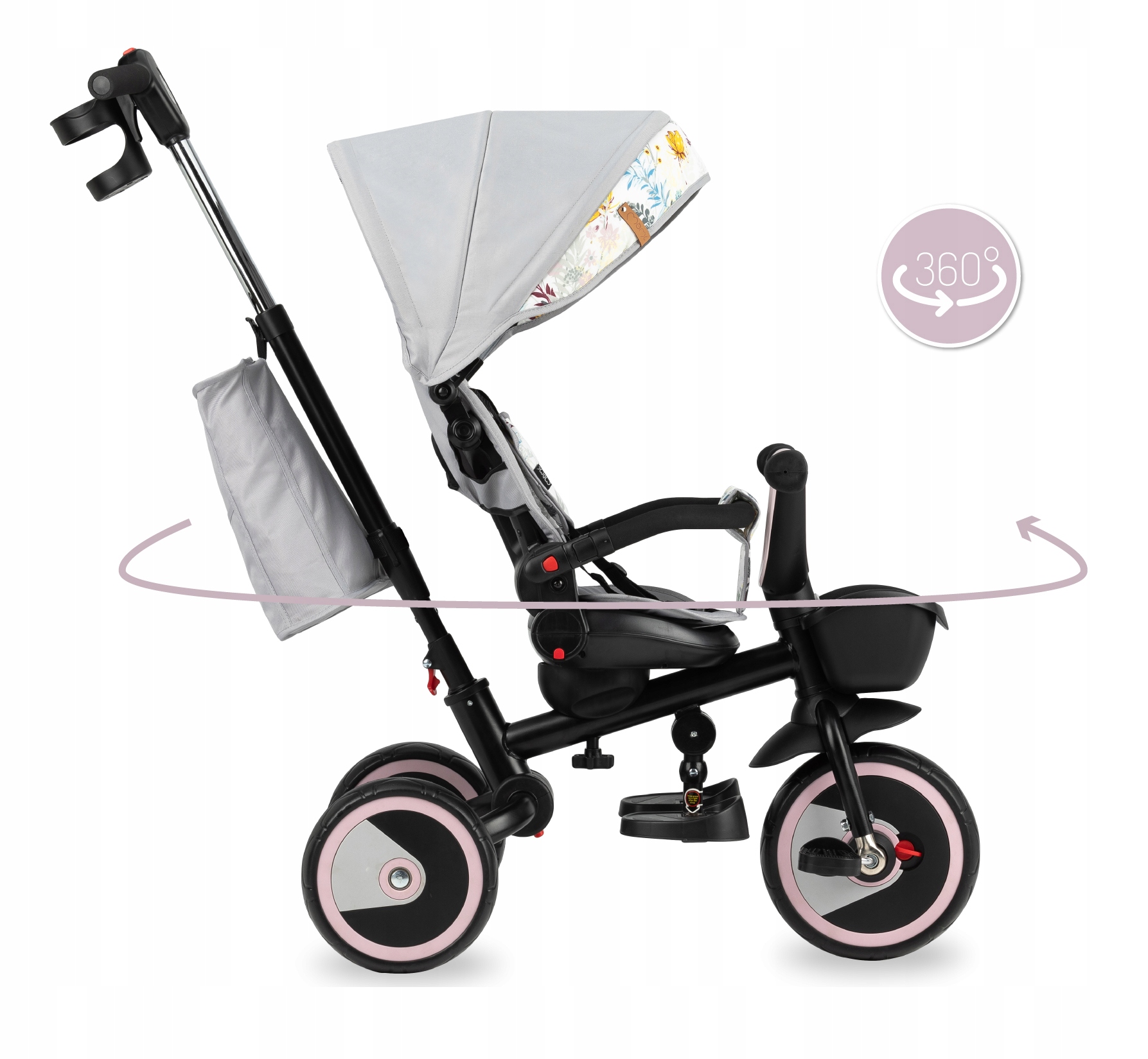 ROWEREK TRÓJKOŁOWY 5w1 - MoMi INVIDIA SZARY - KOSZ TORBA OBROTOWY 360° Wiek dziecka 9 m +