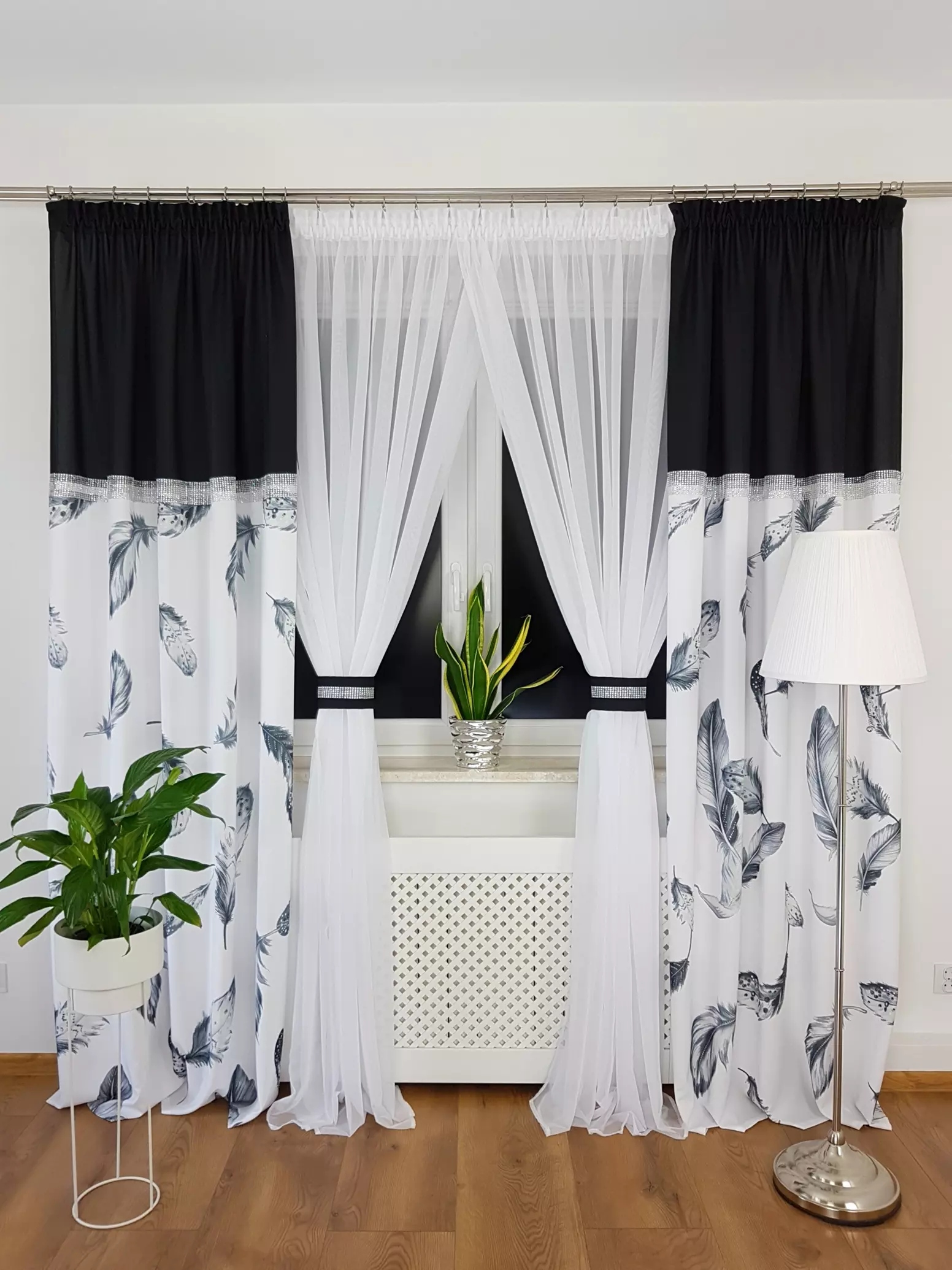 Długa Firanka Z Zasłonami Komplet Firanki Do Salonu Czarne Pióra Woal