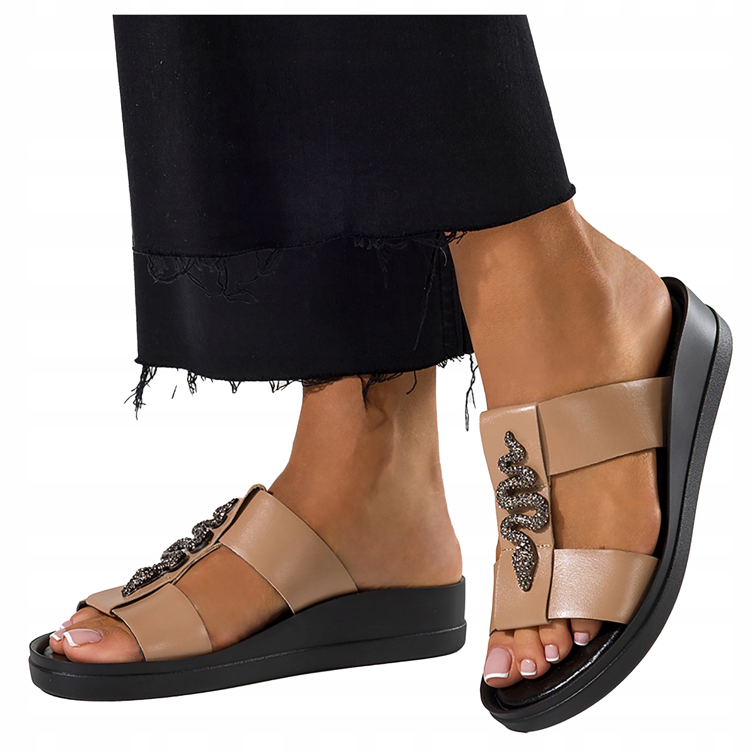 Nazouváky Kožené Na Koturně Módní Ozdobný Had Zirkony Béžové Dámské vel. 37