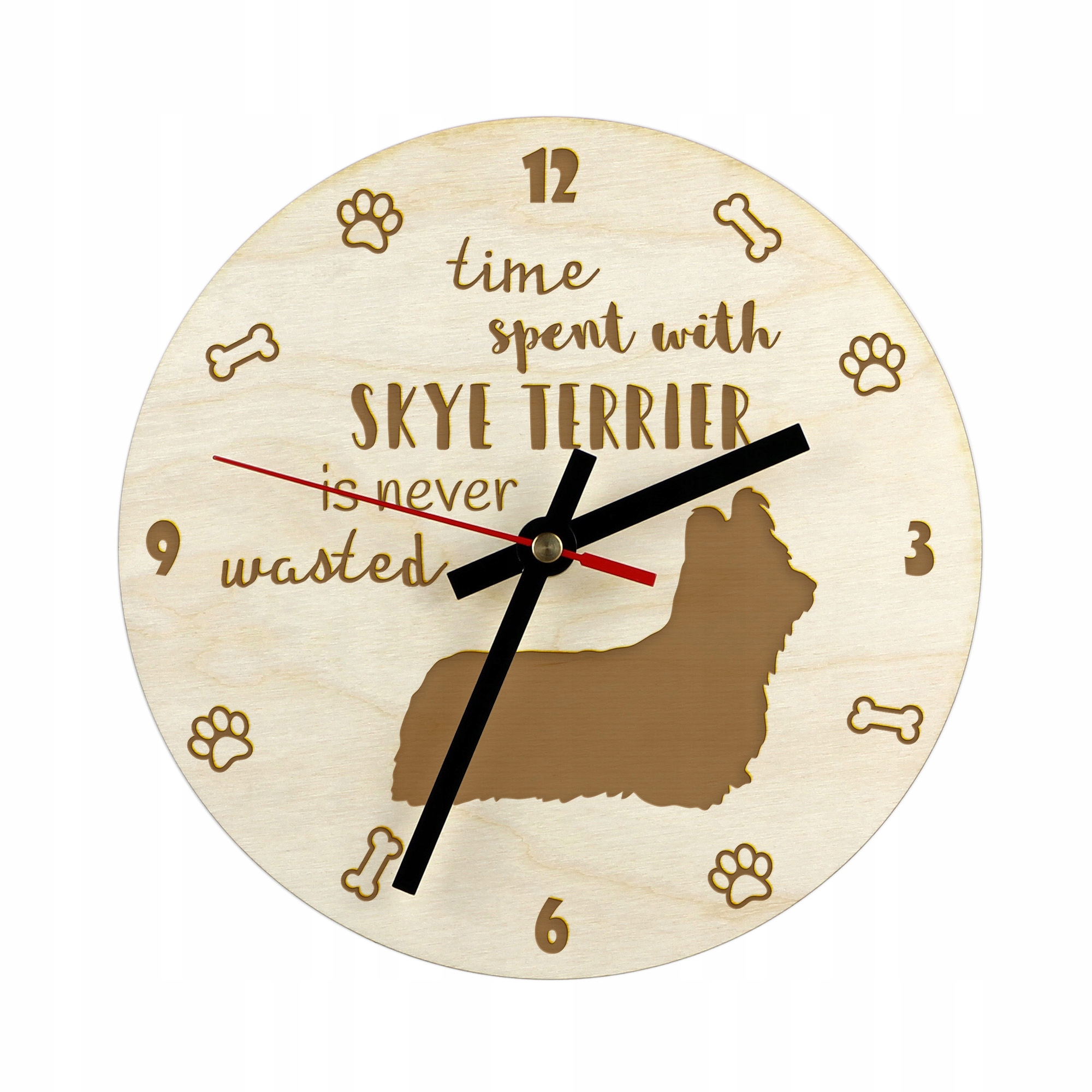 Skye Terrier gravírovaný hodinový stroj se psem, průměr 30 cm, jméno psa