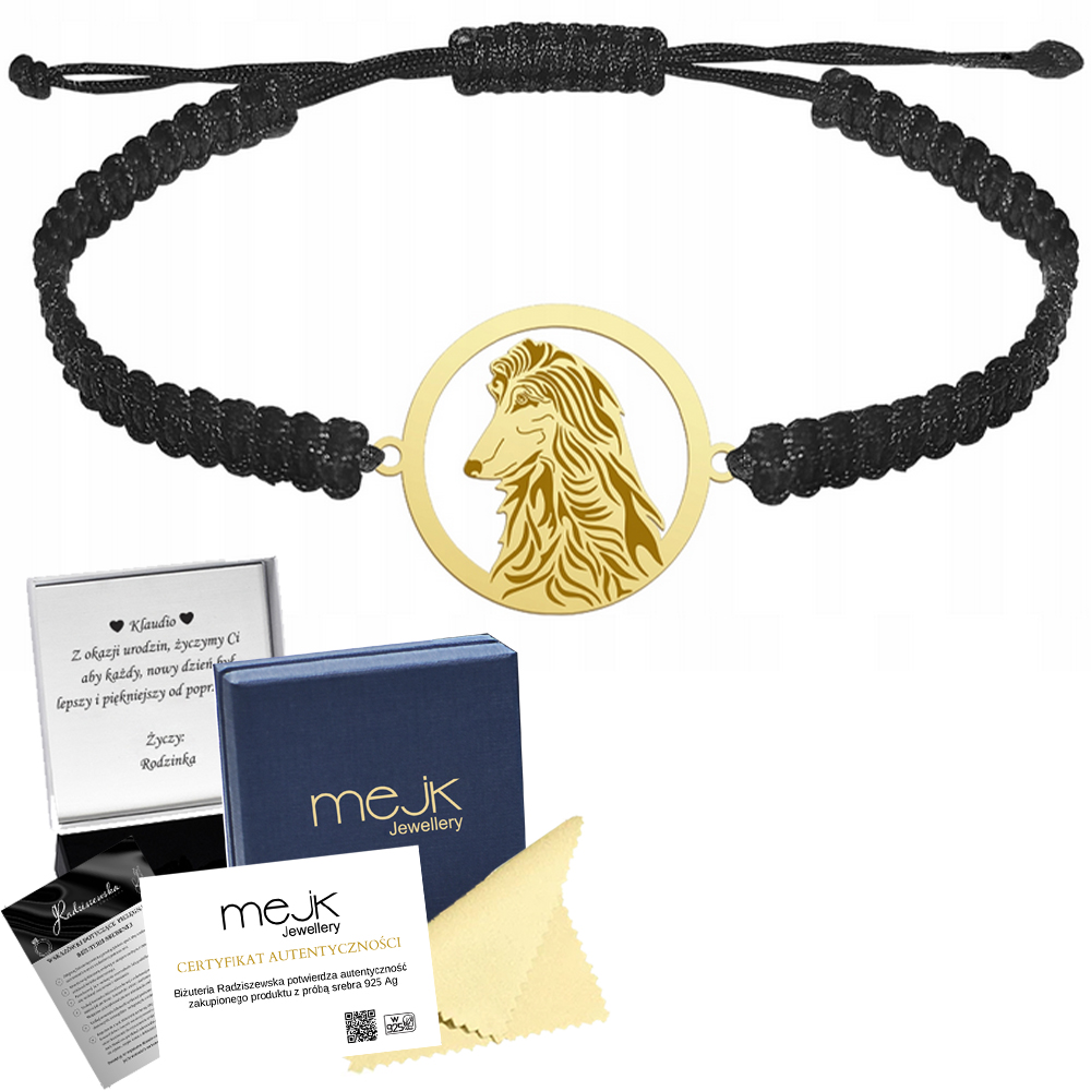 Zlatý náramek se psem Afghánský chrt 925 Žena Dárek Makramé Gravírování