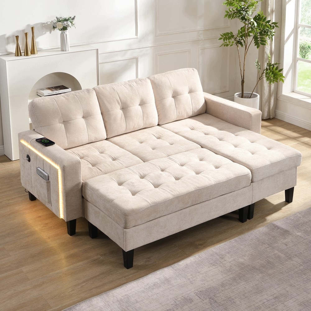 Sofa narożnik L z podnóżkiem i Led, rozkładana kanapa modułowa