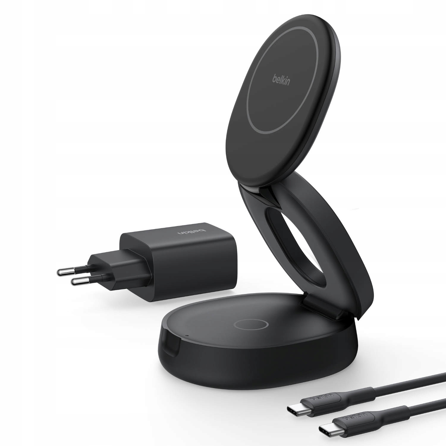 Belkin Magnetická nabíječka 2v1, skládací, Qi2 15W, napájecí zdroj 30W, černá