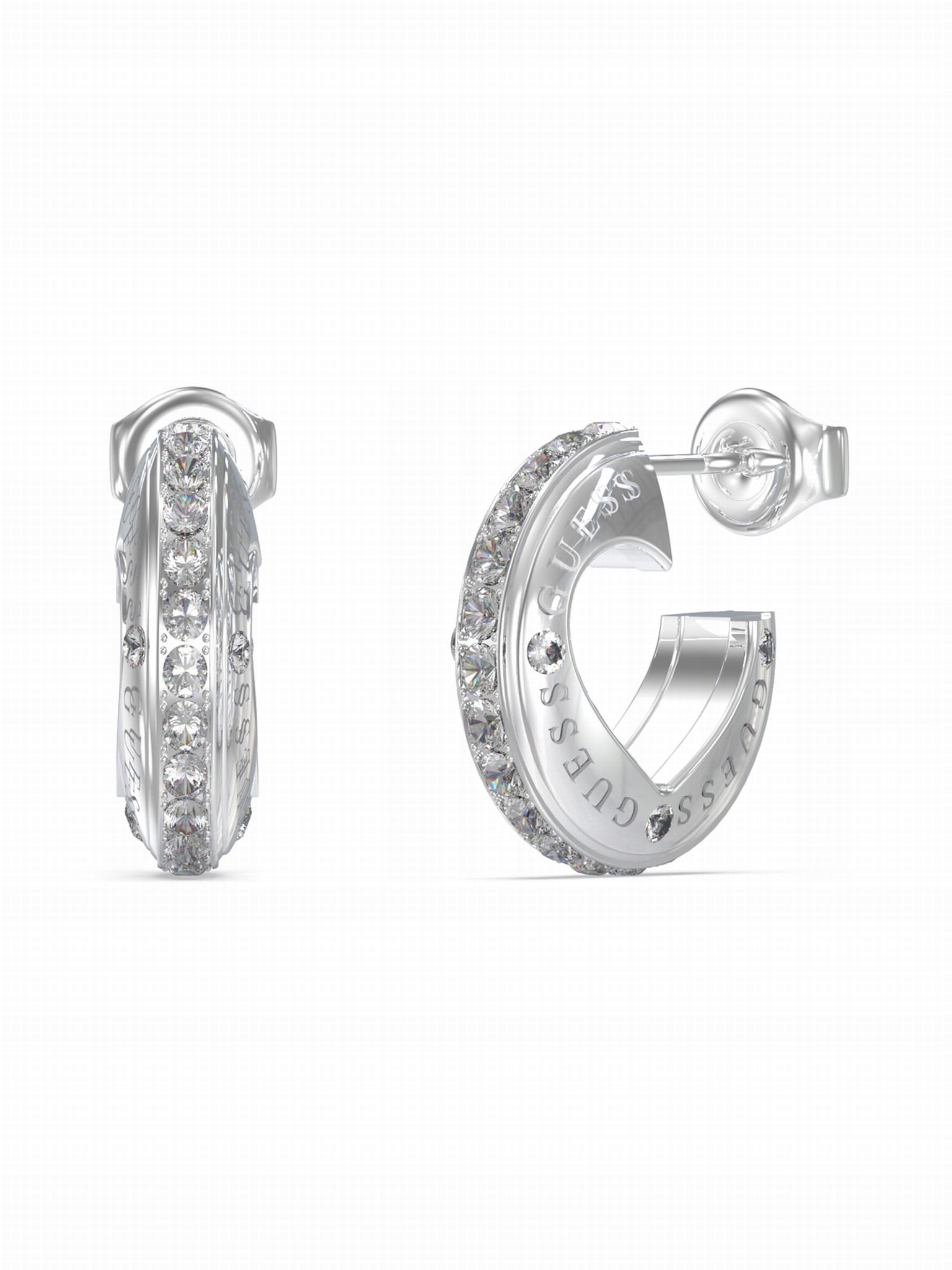 Náušnice Guess Rooling Hearts Kolečko ocel barva stříbra zirkon logo tyčinka