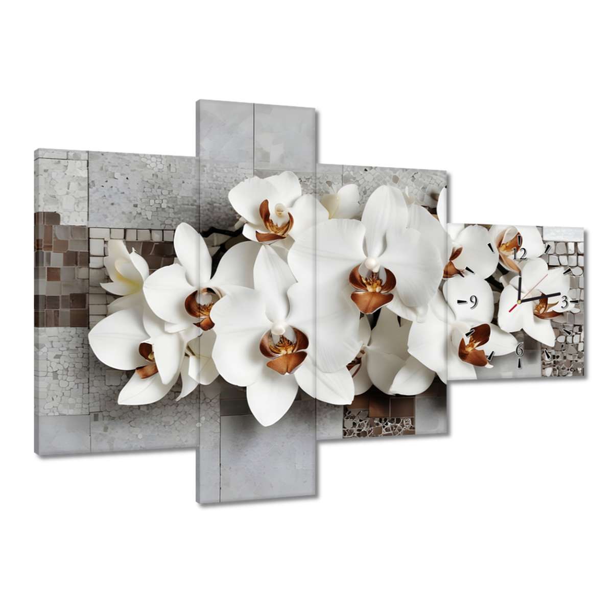 Hodiny 100x70 Bílé orchideje a mozaika