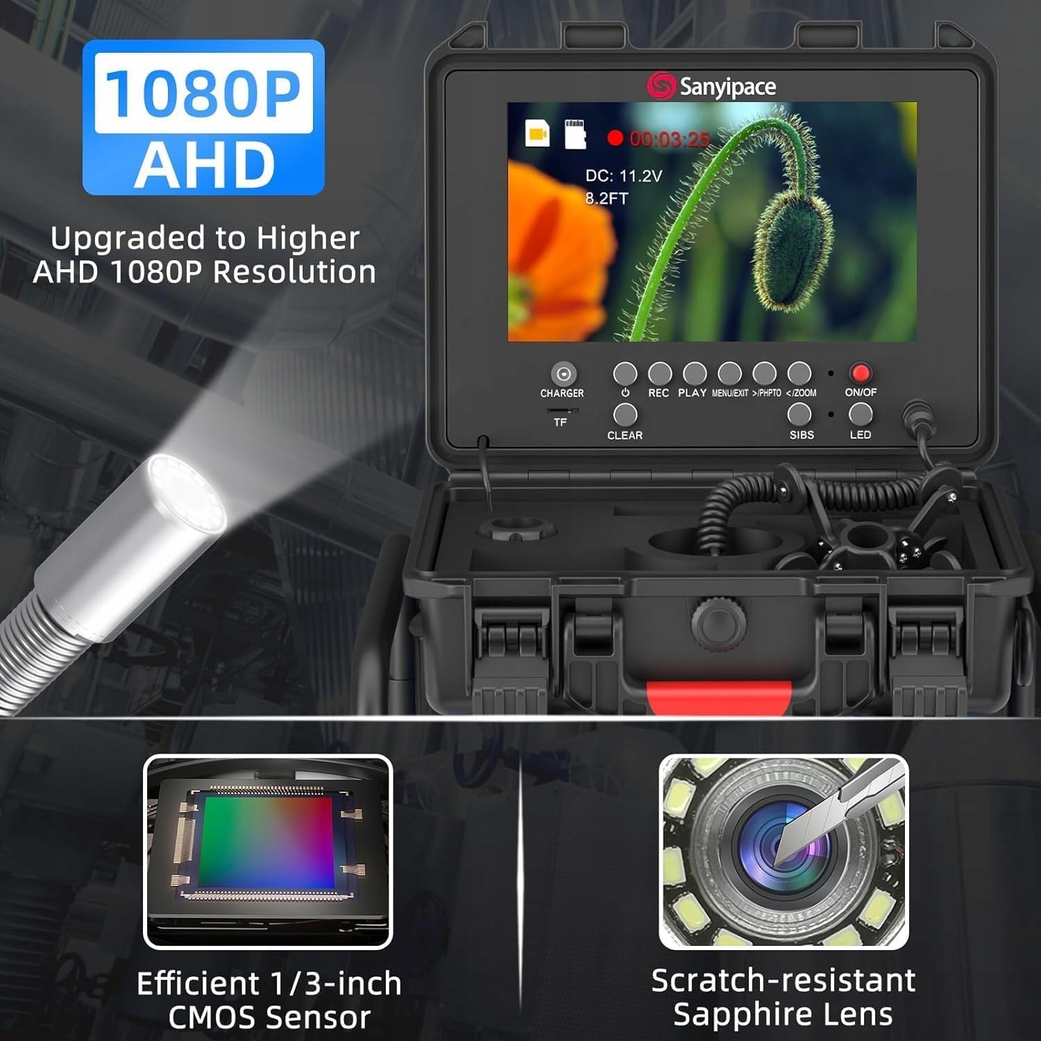 SANYIPACE Kamera Inspekcyjna HD Endoskop Przemysłowy 50M 9" Monitor LED — miniatura 3