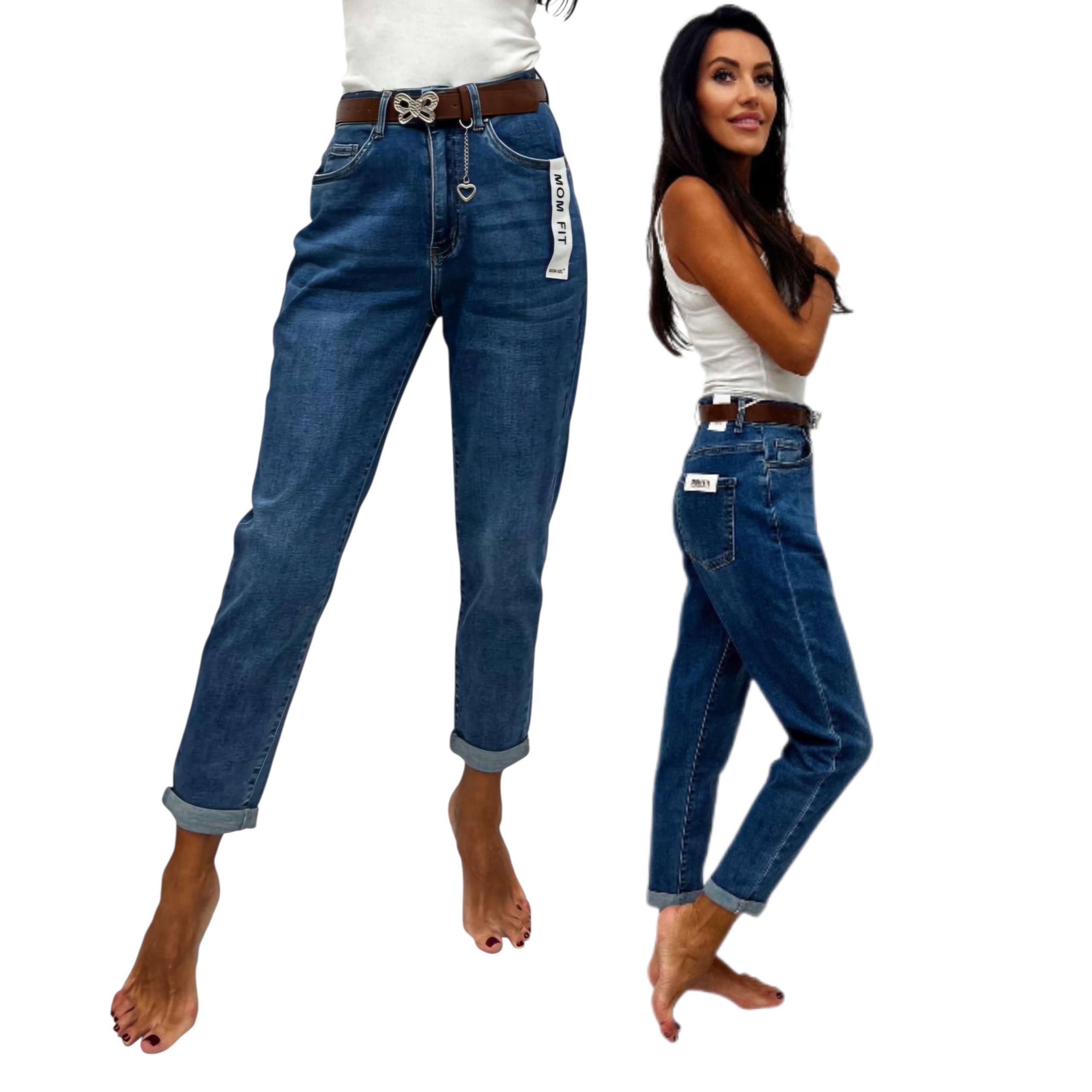 Tmavě Modré Kalhoty S Páskem Mom Fit Jeans Plus Size
