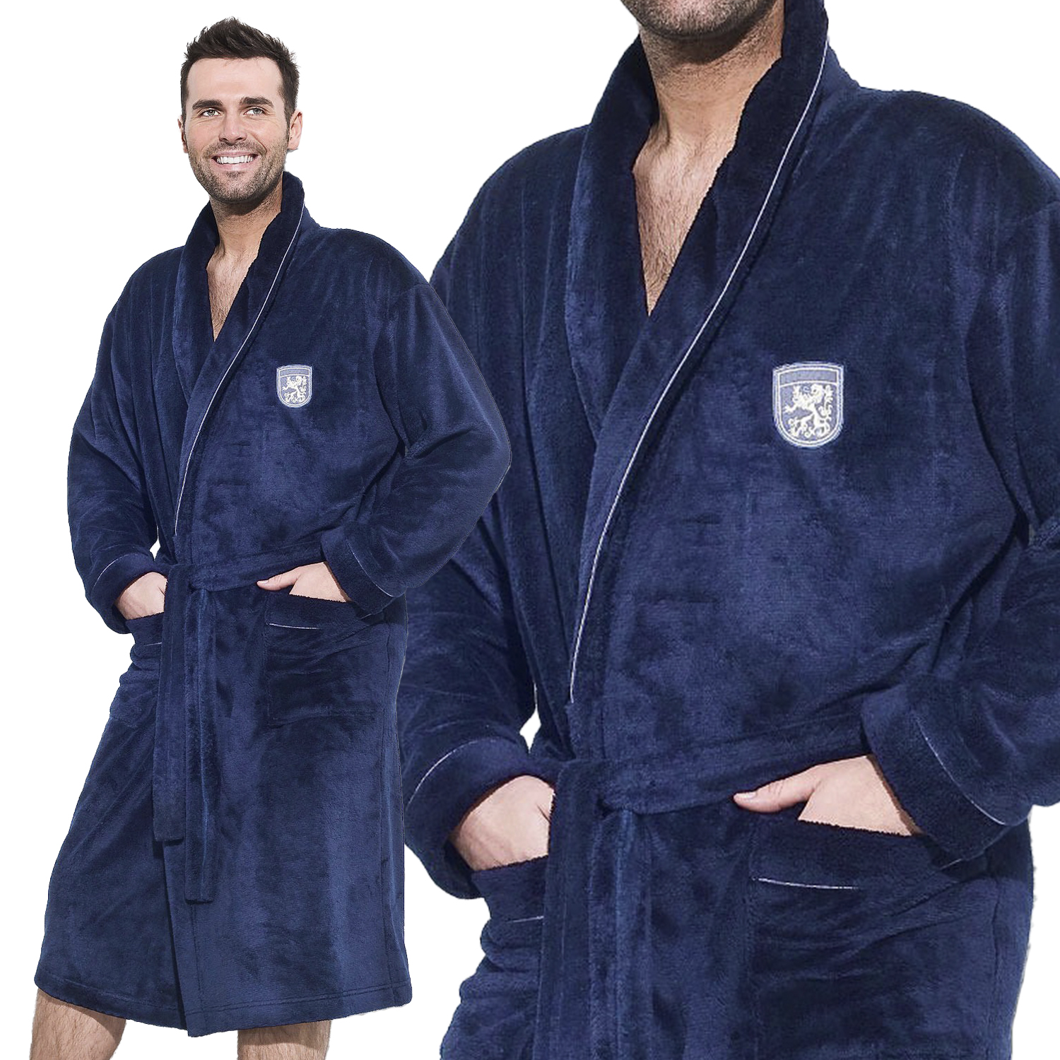 Elegantní klasický pánský župan se zavazovacími kapsami 2XL Námořnická Modrá