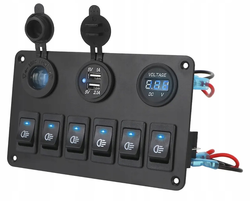 ROZDZIELNIA PANEL 12V 24V 2x USB ZAPALNICZKA WŁĄCZNIKI WOLTOMIERZ