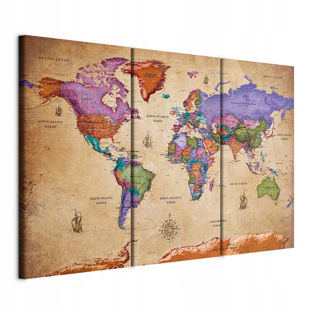 Obraz Na Plátně Triptych 3cz Mapa Světa Do Obývacího Pokoje Nástěnná Dekorace 90x60