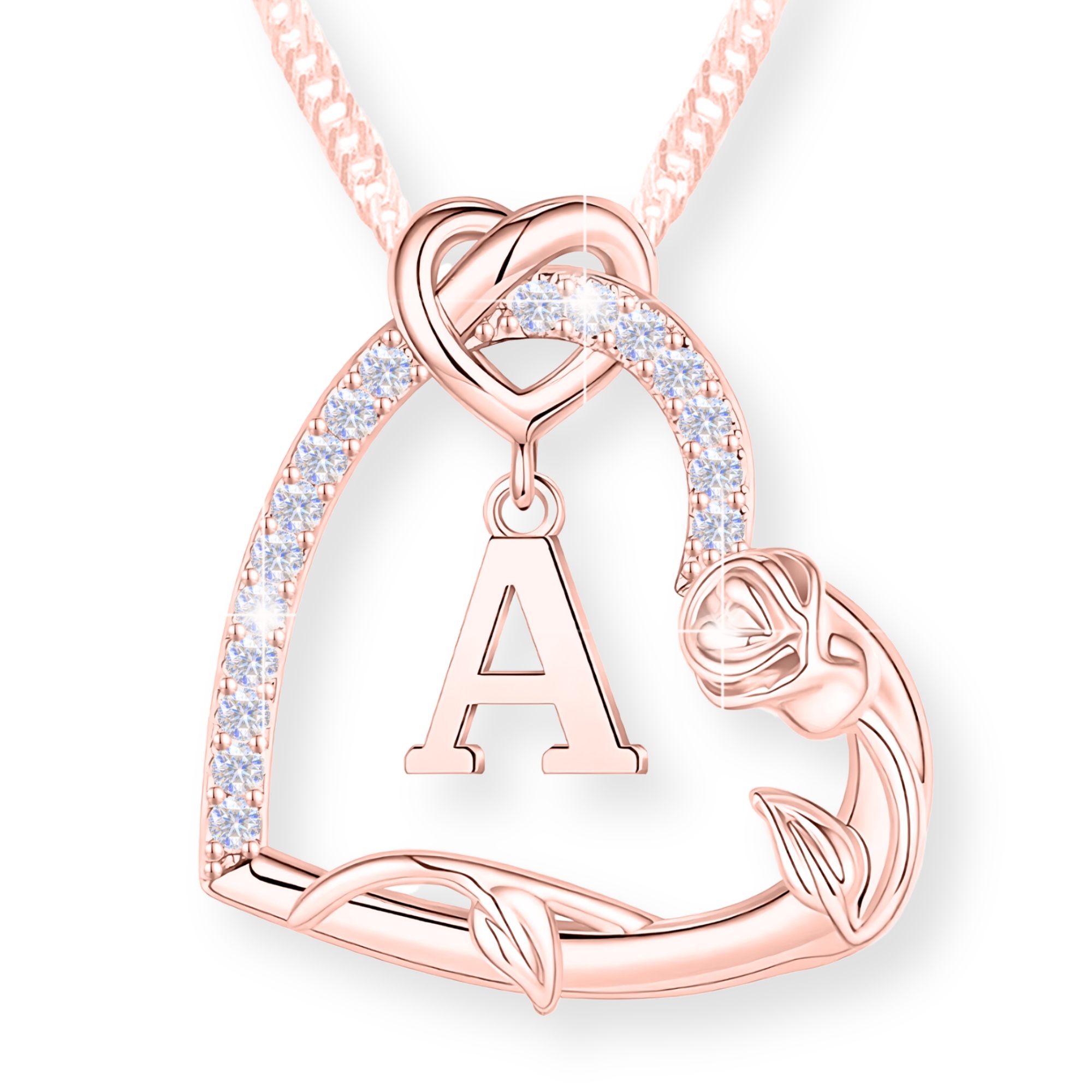 Náhrdelník Srdce Písmeno Stříbro 925 Růže s zirkony Písmeno A Pozlacené 750
