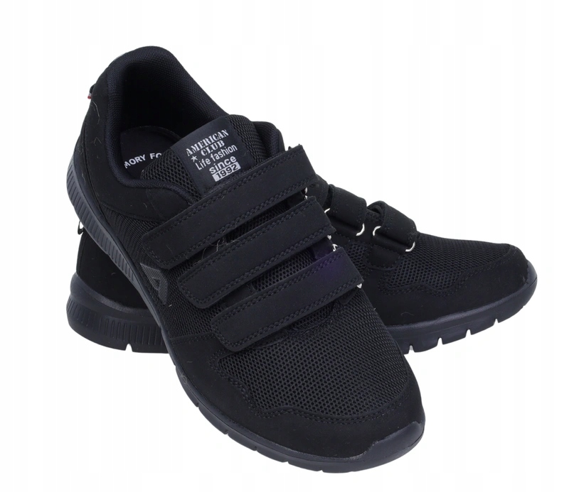 Czarne oddychające półbuty sportowe męskie na rzepy z wkładką Memory Foam