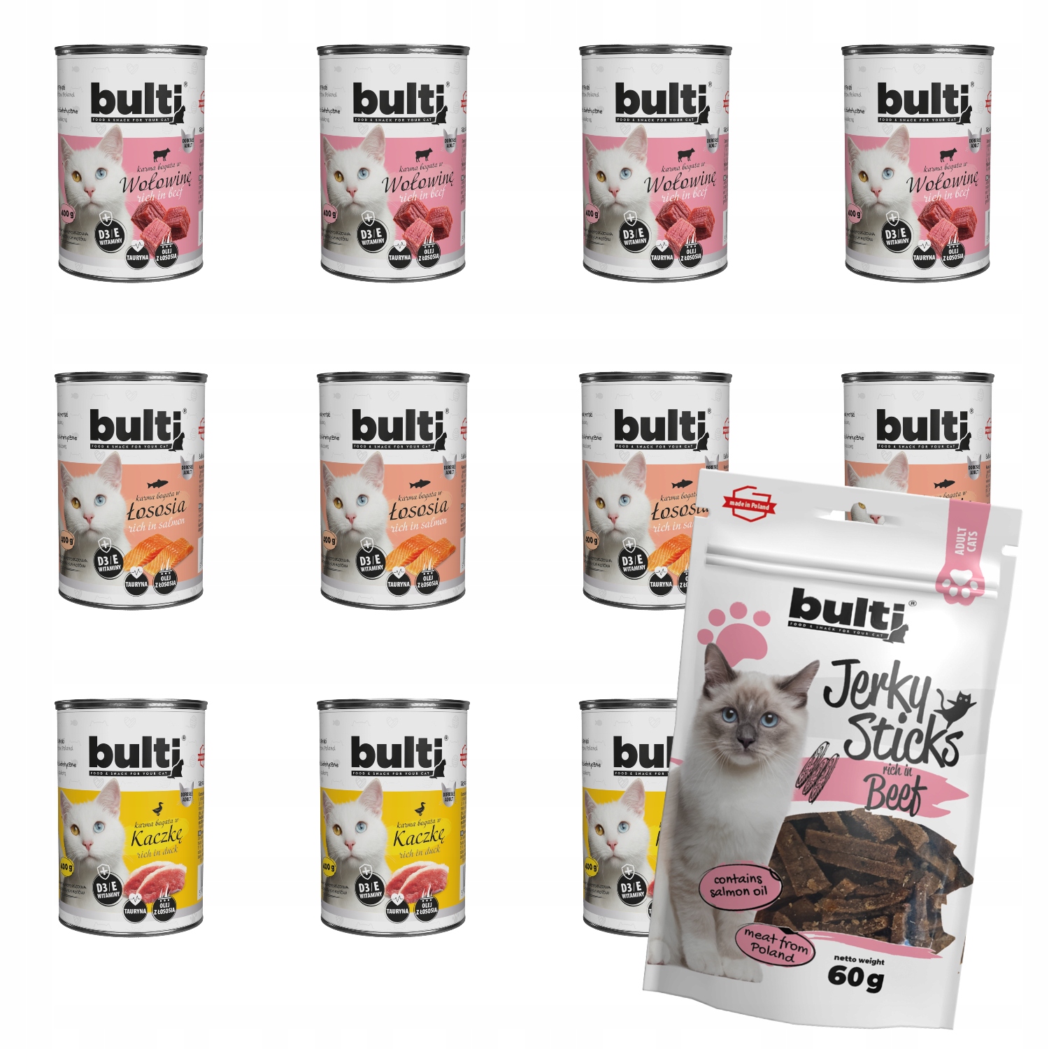 Levně Vlhké Krmivo Bulti MIX 400 g 4x Hovězí Maso 4x Kachna 4x Losos Jerky Hovězí Maso