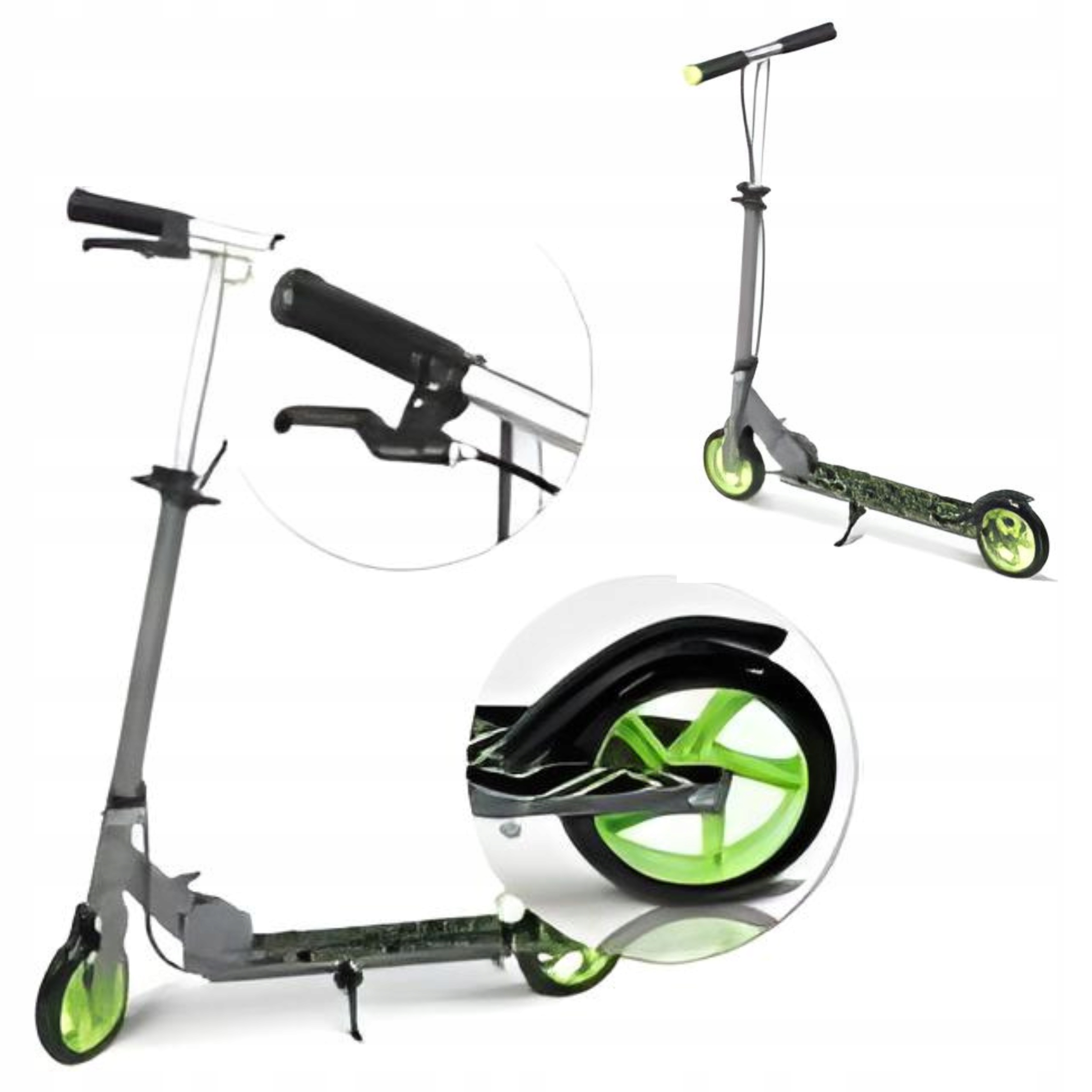 Hulajnoga Dwukołowa Hamulec Regulowana Kierownica Składana Szaro-Zielona