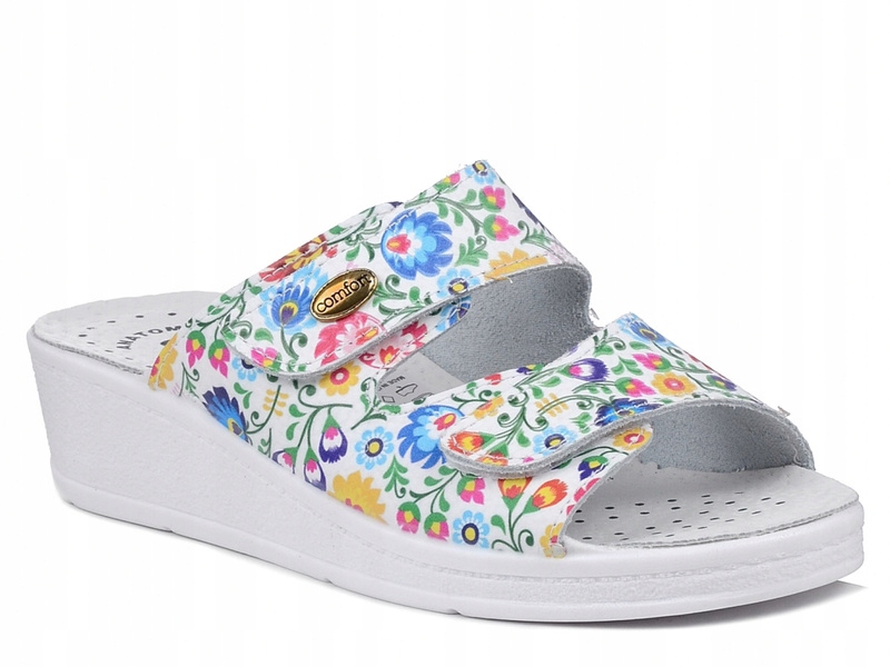 Klapki damskie skórzane w kwiaty medyczne na koturnie Giulia Fant.60 36