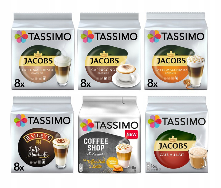 Kapsułki Tassimo Jacobs Latte Macchiato, zestaw kawy mleczne, 5+1 Gratis!