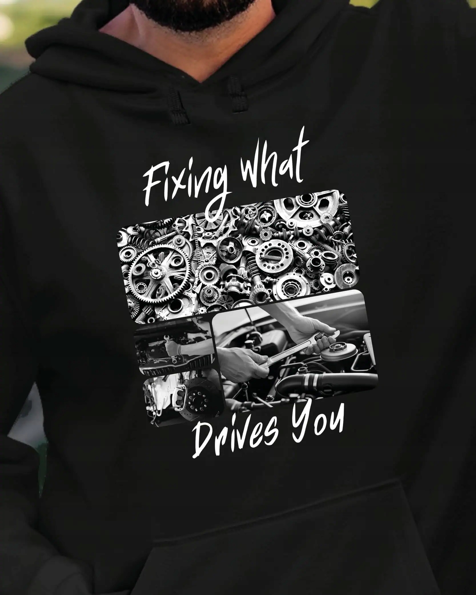 Mikina s kapucí Dárek pro mechanika Umělecká koláž Černá L