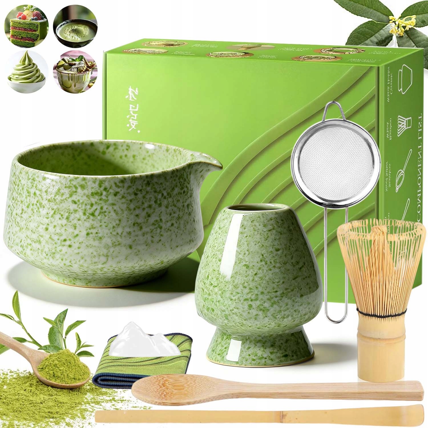 Zestaw Prezentowy Do Herbaty Matcha Czarka Miotełka Podstawka Łyżeczka 8W1