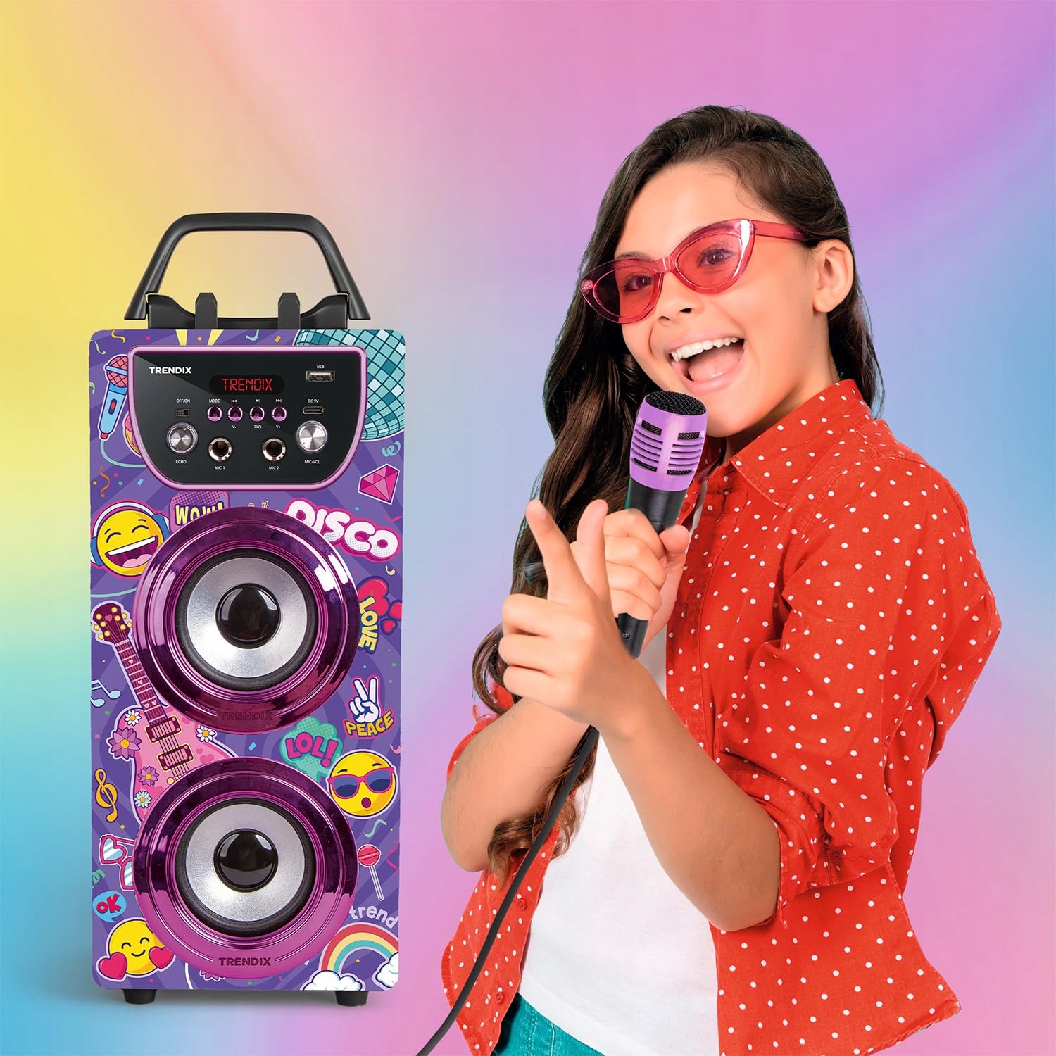 TRENDIX Karaoke Dla Dzieci Różowy Zestaw Z 2 Mikrofonami USB Bluetooth — miniatura 4