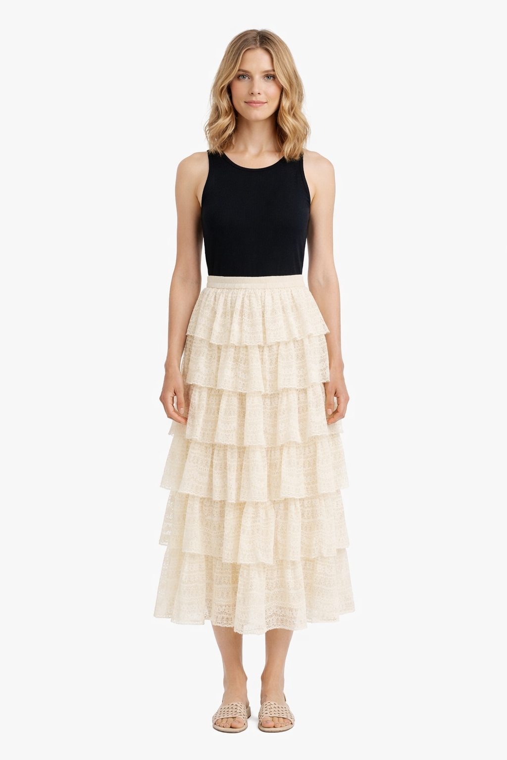 Ecru Dlouhá Sukně S Volánky A Krajkou L I3A