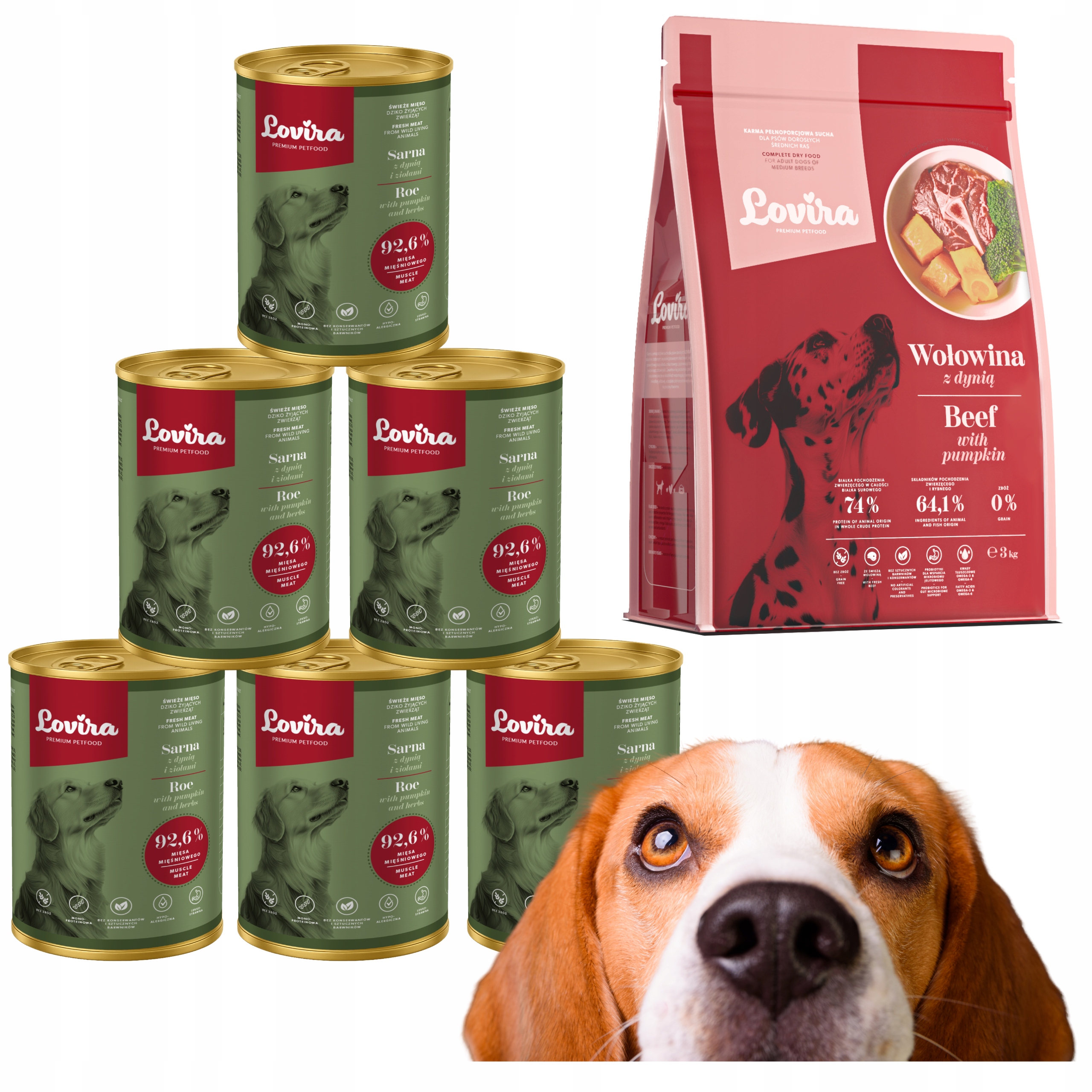 Krmivo Suché Hovězí Maso+ 6x Krmivo Vlhké Sarna 92,6% bezobilné Vitamíny