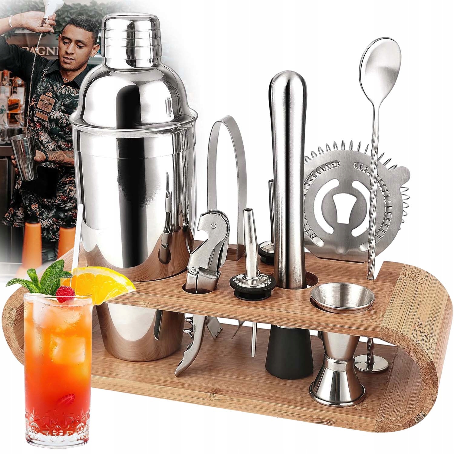 Barmanský Set Na Nápoje Shaker 750 ML Bambusová Podložka 10 Ks