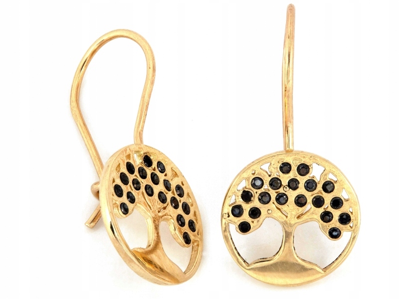 Náušnice zlaté 585 na biglu stromek štěstí s černými zirkony dárek