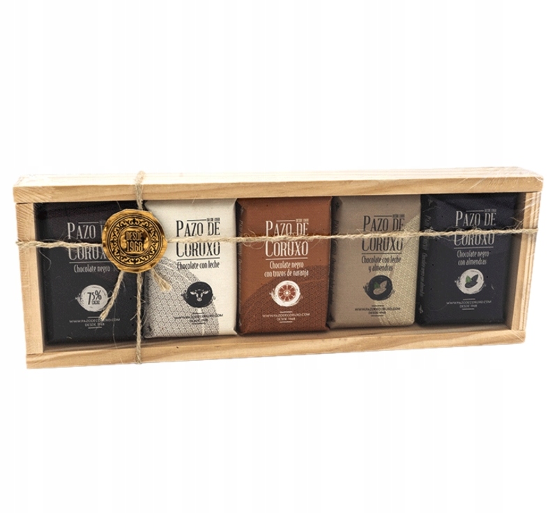 Pazo De Coruxo 5x50g Dárková sada čokolád v dřevěné krabičce