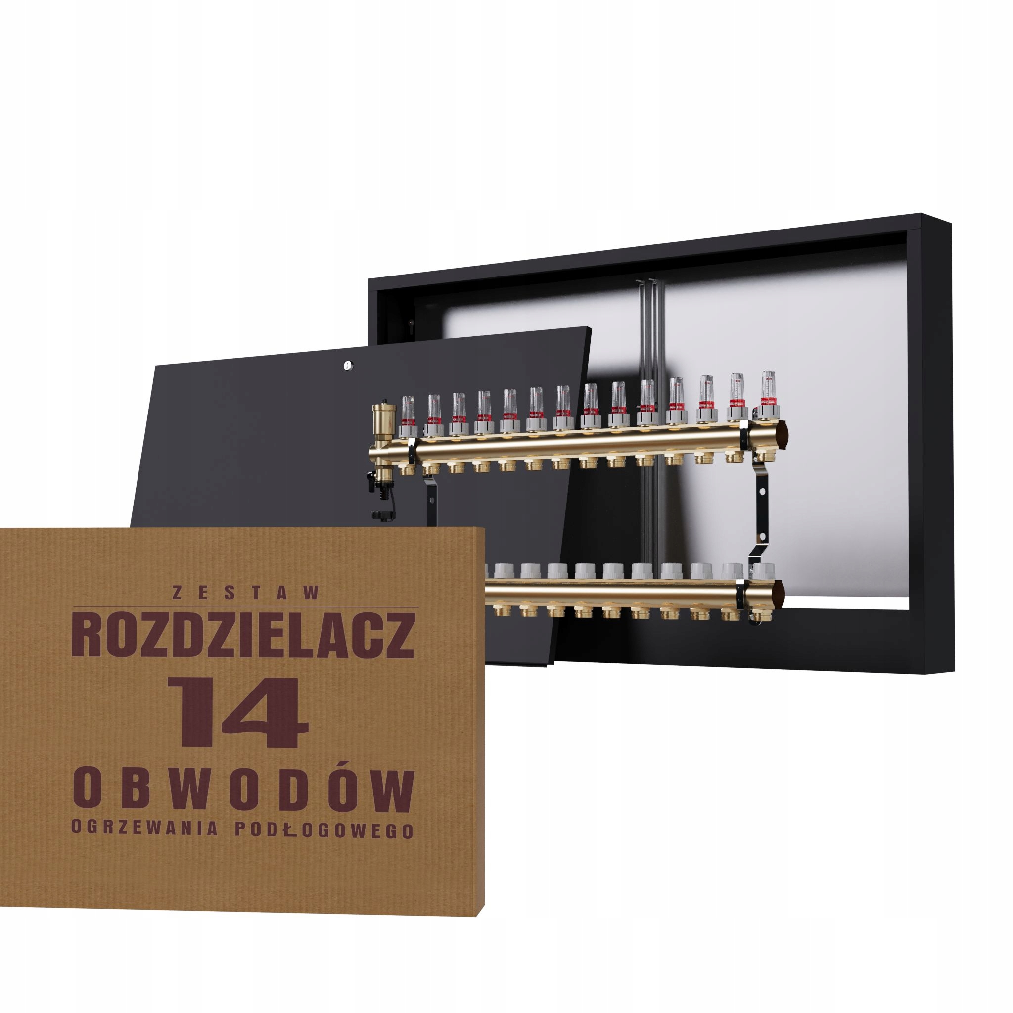 Rozdělovač na podlahu mosazný 14-okruhový a nástěnná skříňka černá