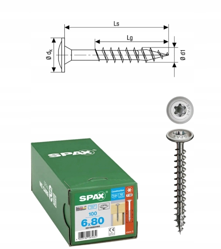 Vruty do konstrukce, dřeva, ocel A2 Spax 6 x 80 mm 100 ks
