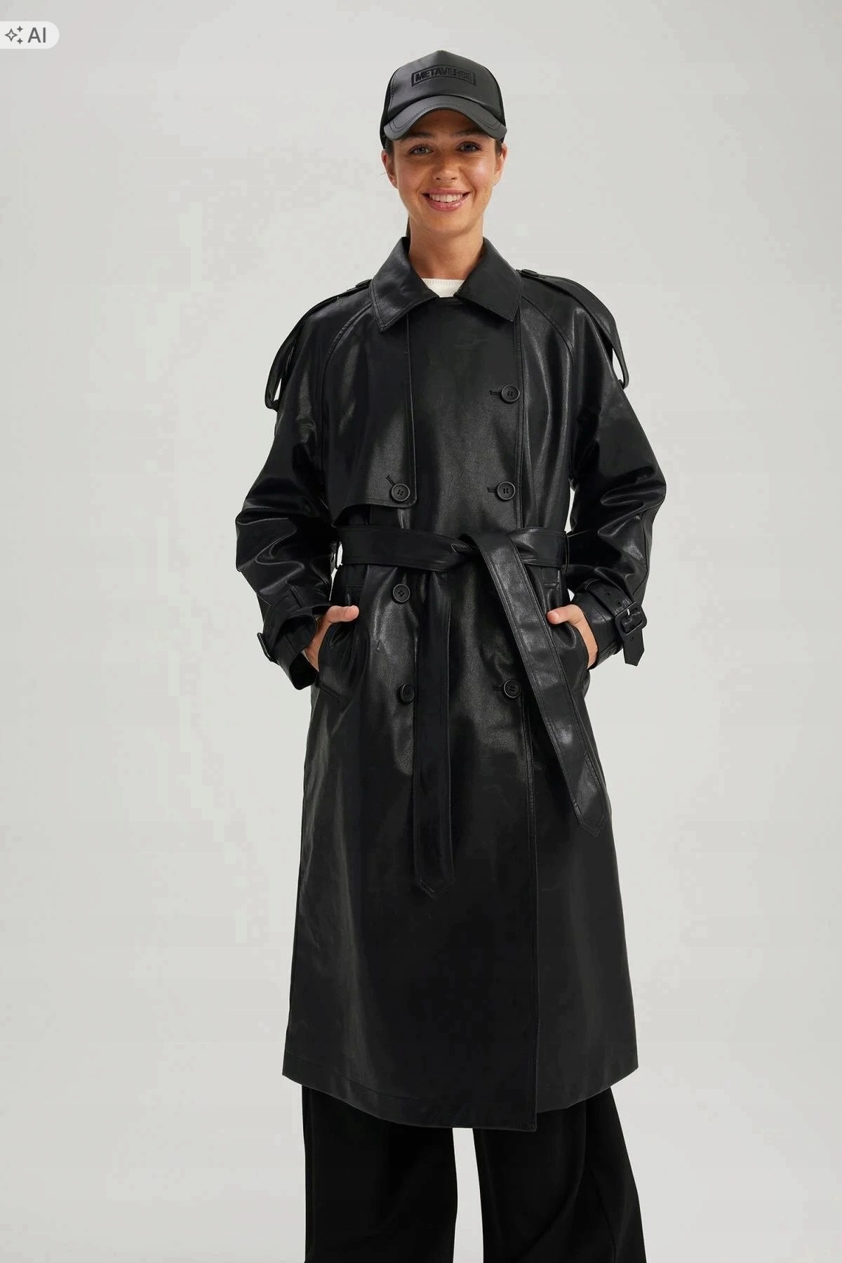 Defacto Dlouhý Černý Kabát Z Lesklé Ekokůže, Elegantní, Velikost 5IA